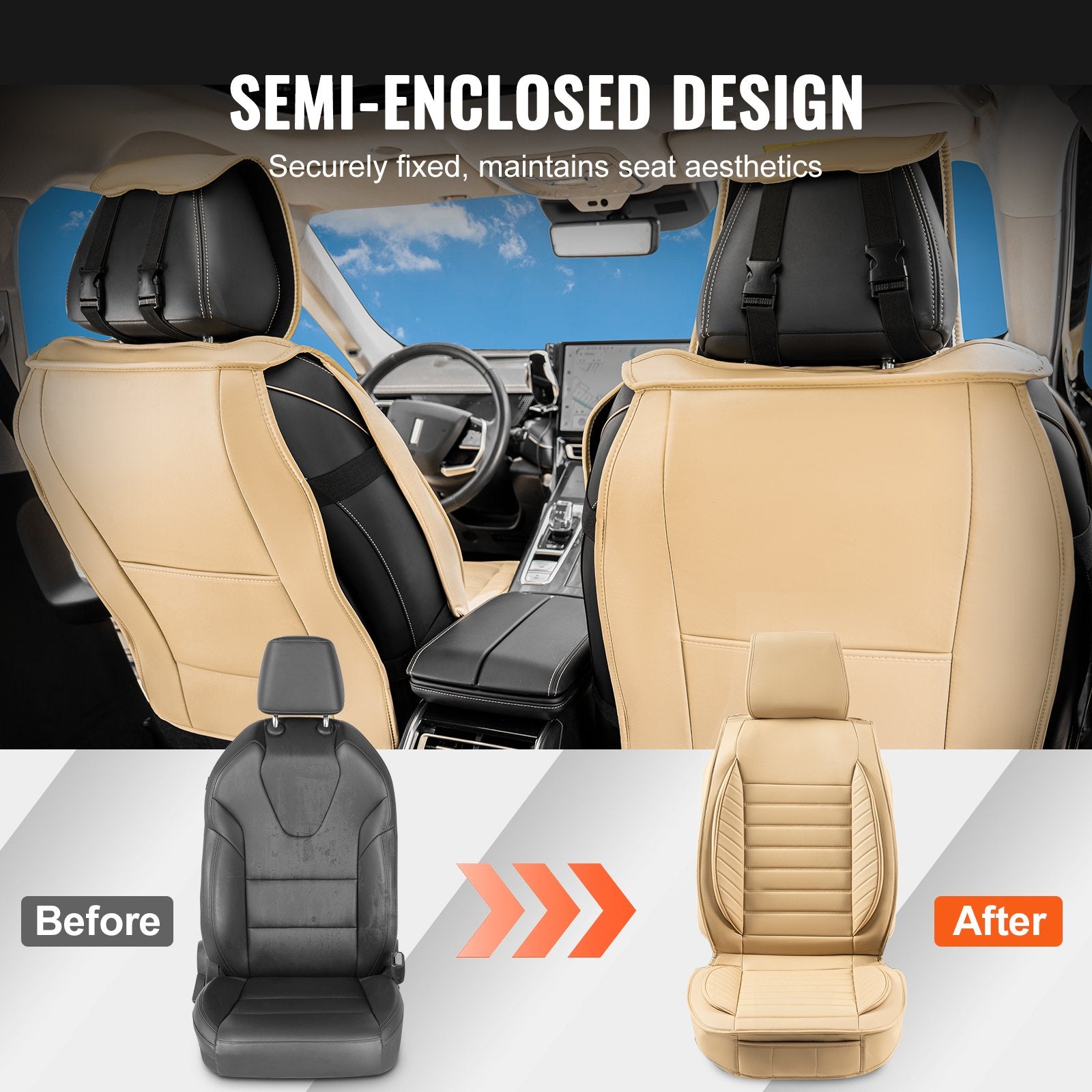 Universal Faux Leather Car Seat Covers - Detachable Headrest, Airbag Compatible, Stylish Beige Design for SUVs, Trucks, and Most Vehicles
