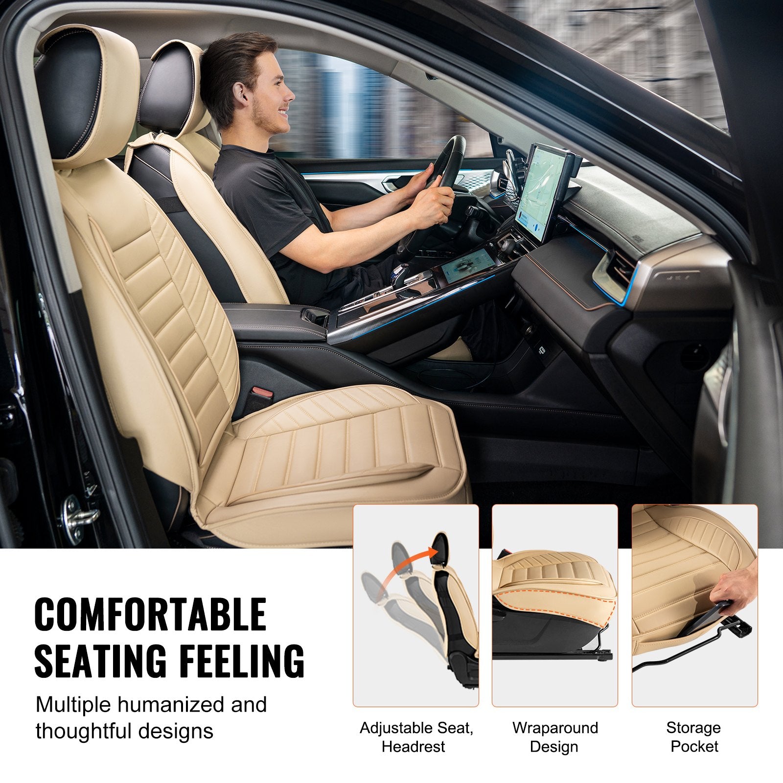 Universal Faux Leather Car Seat Covers - Detachable Headrest, Airbag Compatible, Stylish Beige Design for SUVs, Trucks, and Most Vehicles
