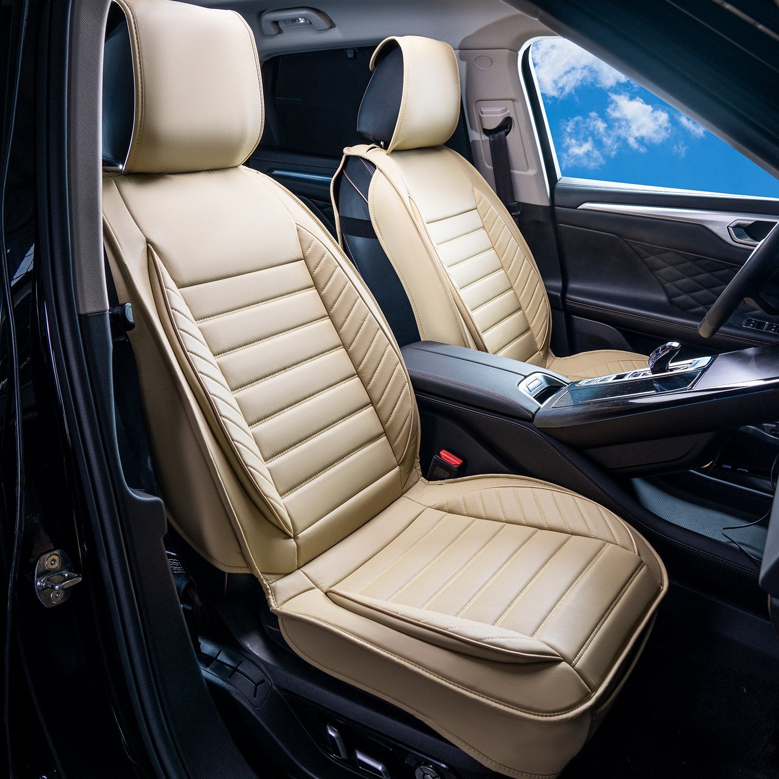 Universal Faux Leather Car Seat Covers - Detachable Headrest, Airbag Compatible, Stylish Beige Design for SUVs, Trucks, and Most Vehicles