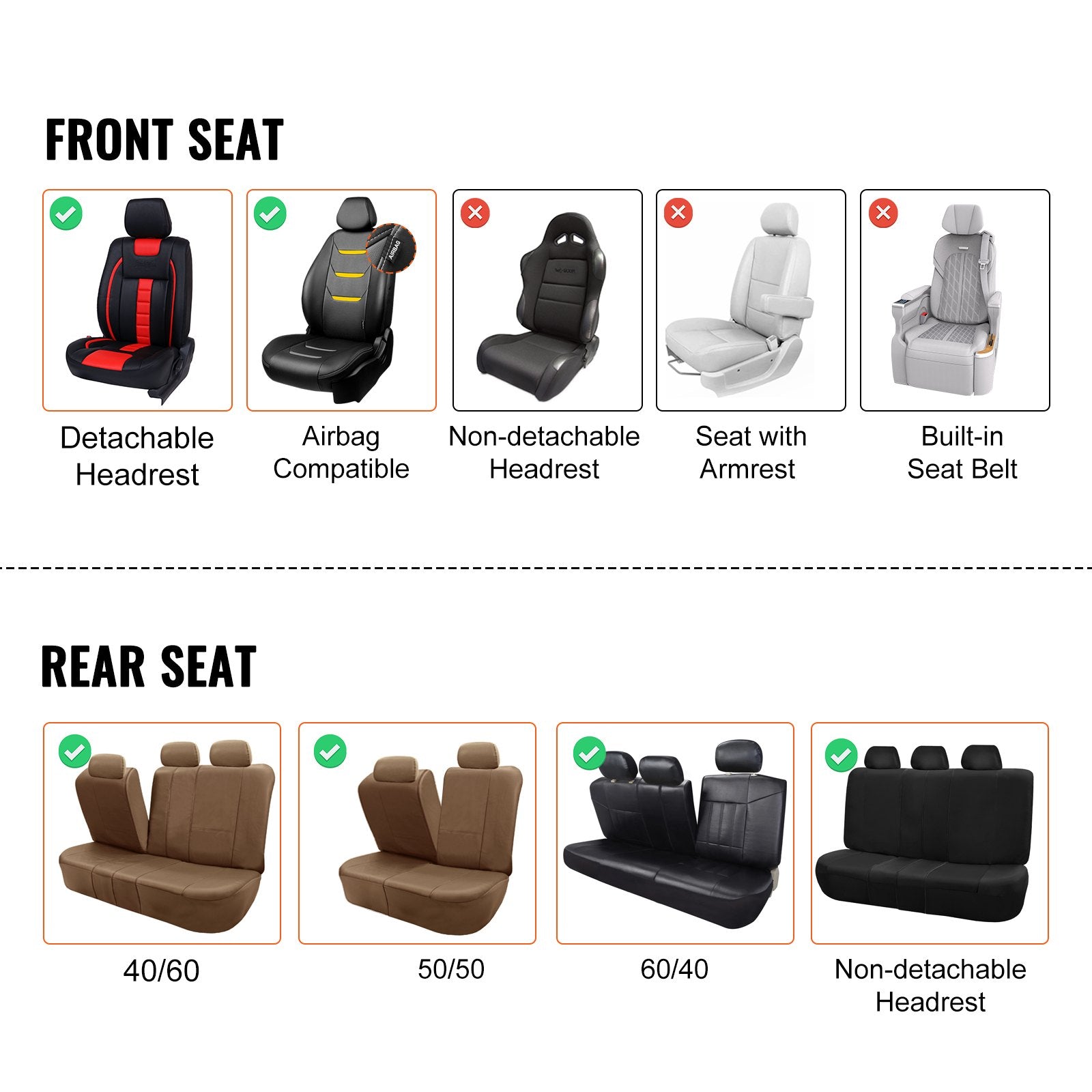Premium Universal Faux Leather Car Seat Covers Set - 13pc Full Enclosed Design with Detachable Headrest, Airbag Safe for SUV, Truck, Car