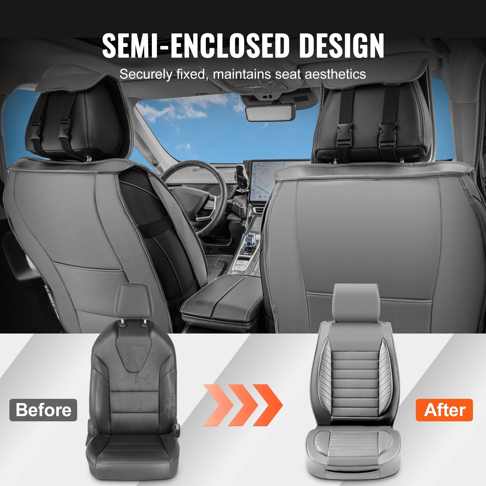 Universal Faux Leather Car Seat Covers, 2pcs Gray - Semi-Enclosed Design, Detachable Headrest, Airbag Safe, Fits Most Cars, SUVs, Trucks