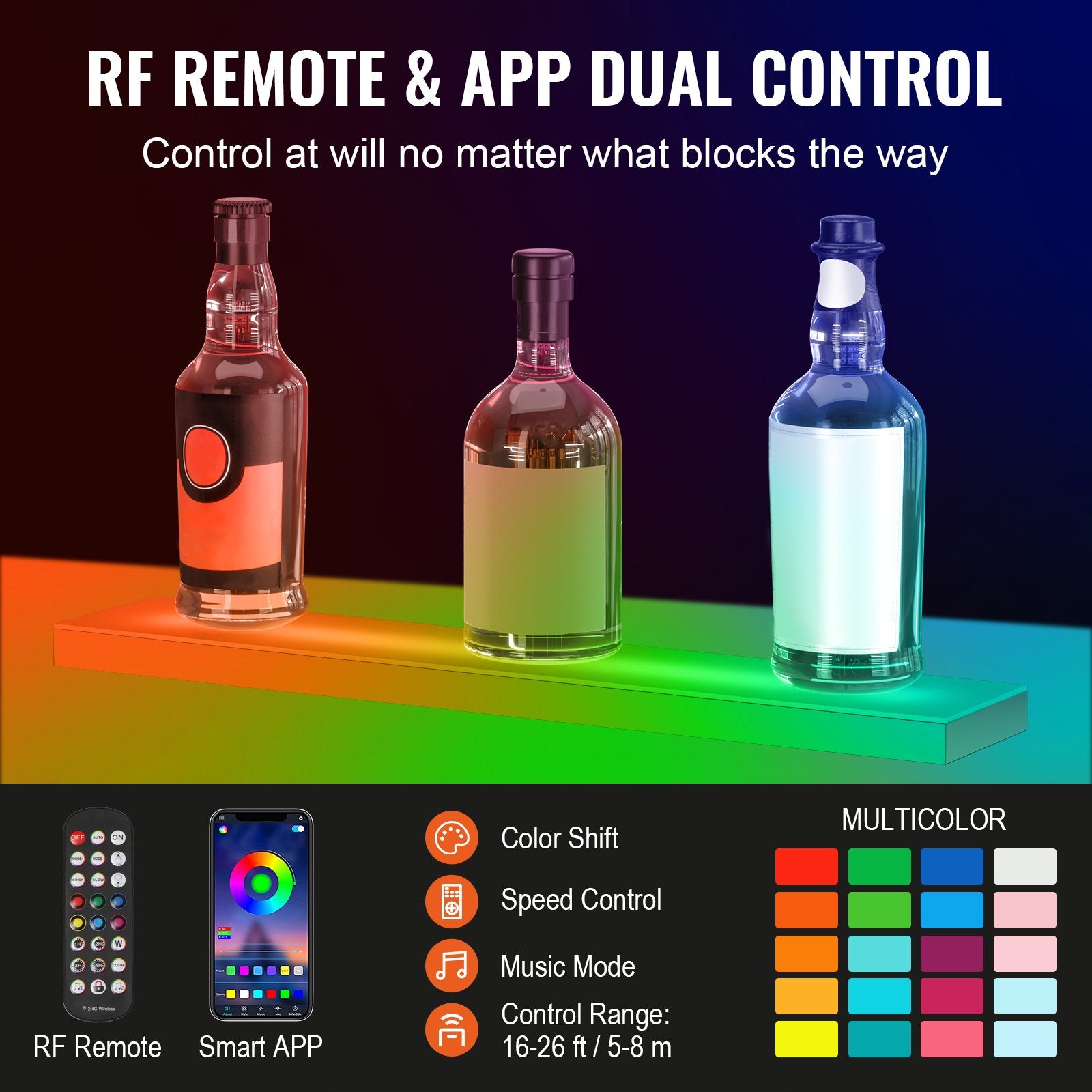 24" LED Lighted Liquor Bottle Display Shelf - USB Powered, RF Remote & App Control, Multicolor Acrylic Bar Rack for Home, Holds 6 Bottles, 7 Color Modes
