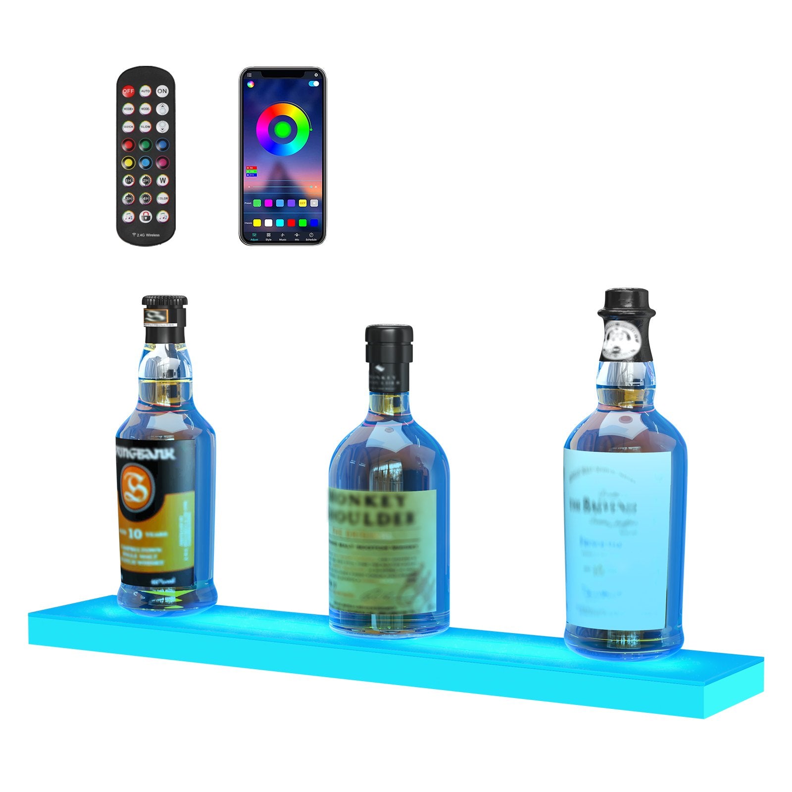 24" LED Lighted Liquor Bottle Display Shelf - USB Powered, RF Remote & App Control, Multicolor Acrylic Bar Rack for Home, Holds 6 Bottles, 7 Color Modes