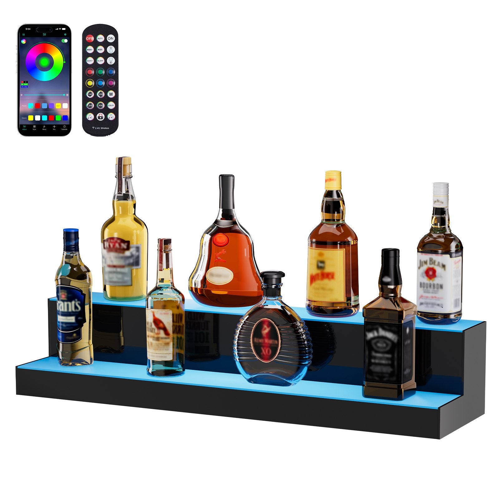 30 Inch 2-Tier LED Liquor Bottle Display Shelf - Multicolor Home Bar Rack with RF & App Control, Acrylic Whiskey Stand for 16 Bottles