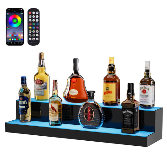 30 Inch 2-Tier LED Liquor Bottle Display Shelf - Multicolor Home Bar Rack with RF & App Control, Acrylic Whiskey Stand for 16 Bottles
