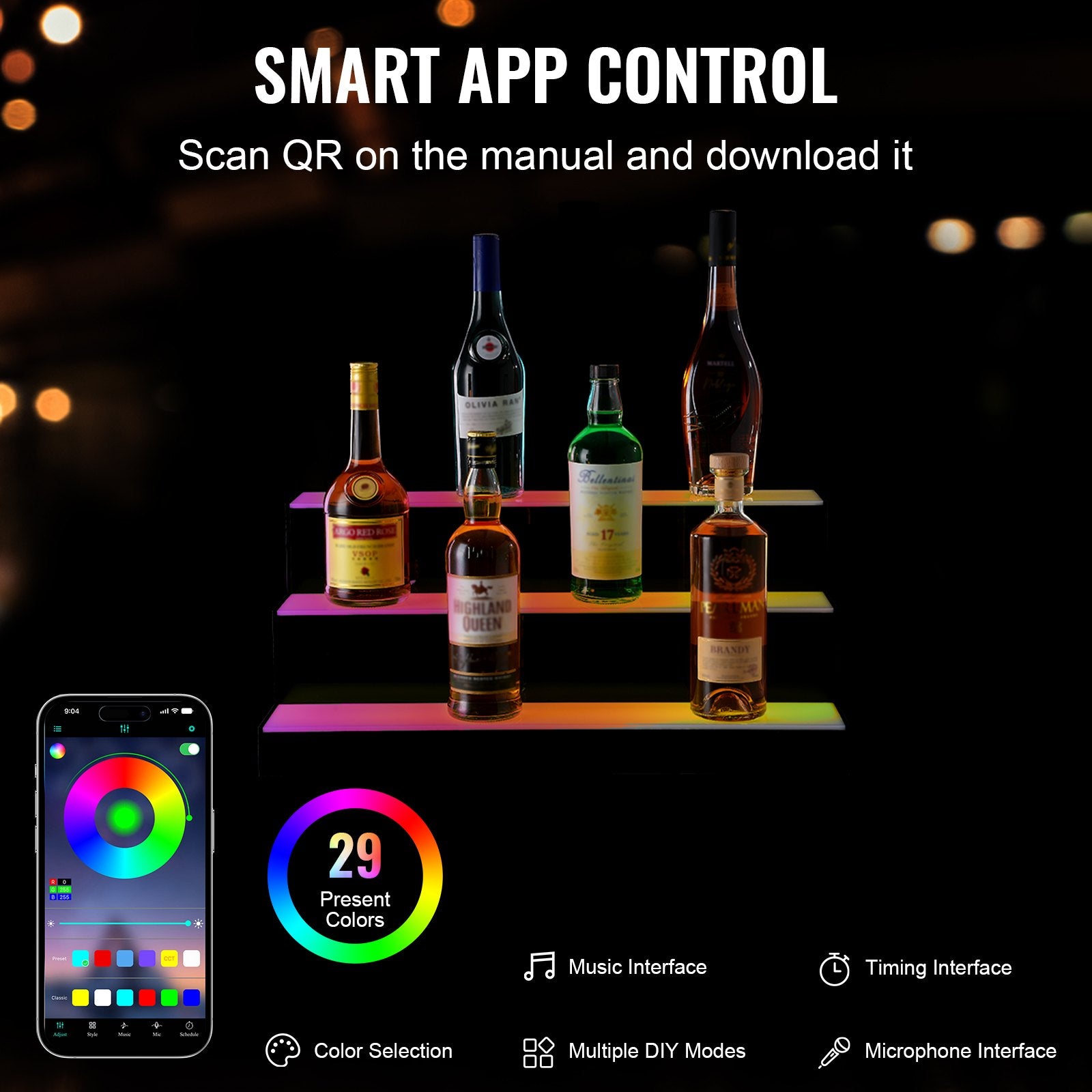 3-Tier LED Liquor Bottle Display Shelf with Multicolor Lighting, 24" Bar Rack, Acrylic Whiskey Stand, RF Remote & App Control, Holds 18 Bottles