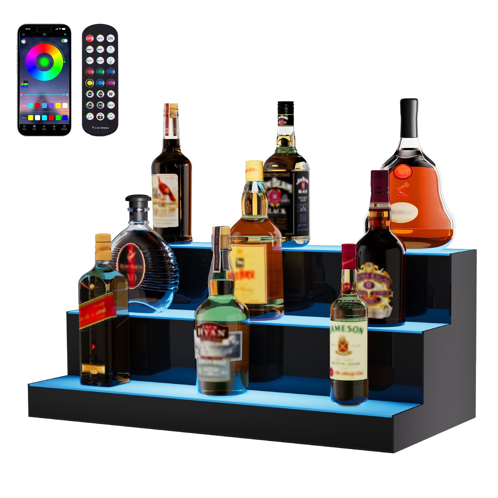 3-Tier LED Liquor Bottle Display Shelf with Multicolor Lighting, 24" Bar Rack, Acrylic Whiskey Stand, RF Remote & App Control, Holds 18 Bottles
