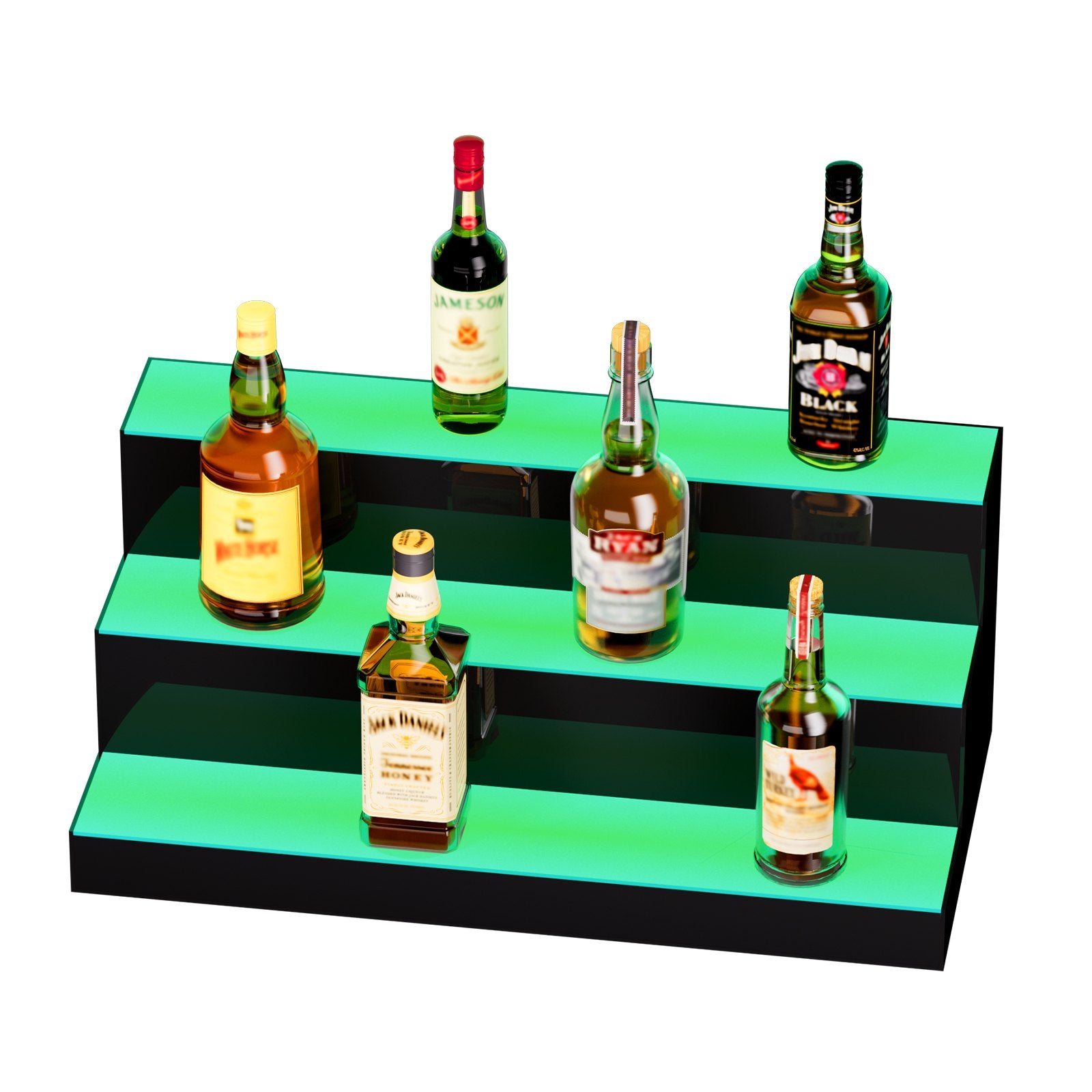 3-Tier LED Liquor Bottle Display Shelf with Multicolor Lighting, 24" Bar Rack, Acrylic Whiskey Stand, RF Remote & App Control, Holds 18 Bottles