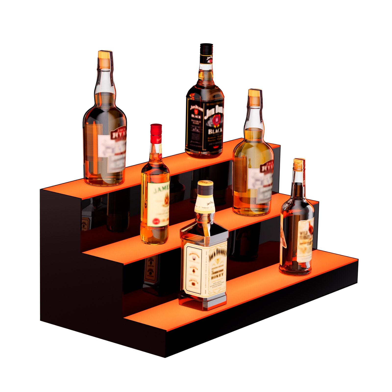 3-Tier LED Liquor Bottle Display Shelf with Multicolor Lighting, 24" Bar Rack, Acrylic Whiskey Stand, RF Remote & App Control, Holds 18 Bottles