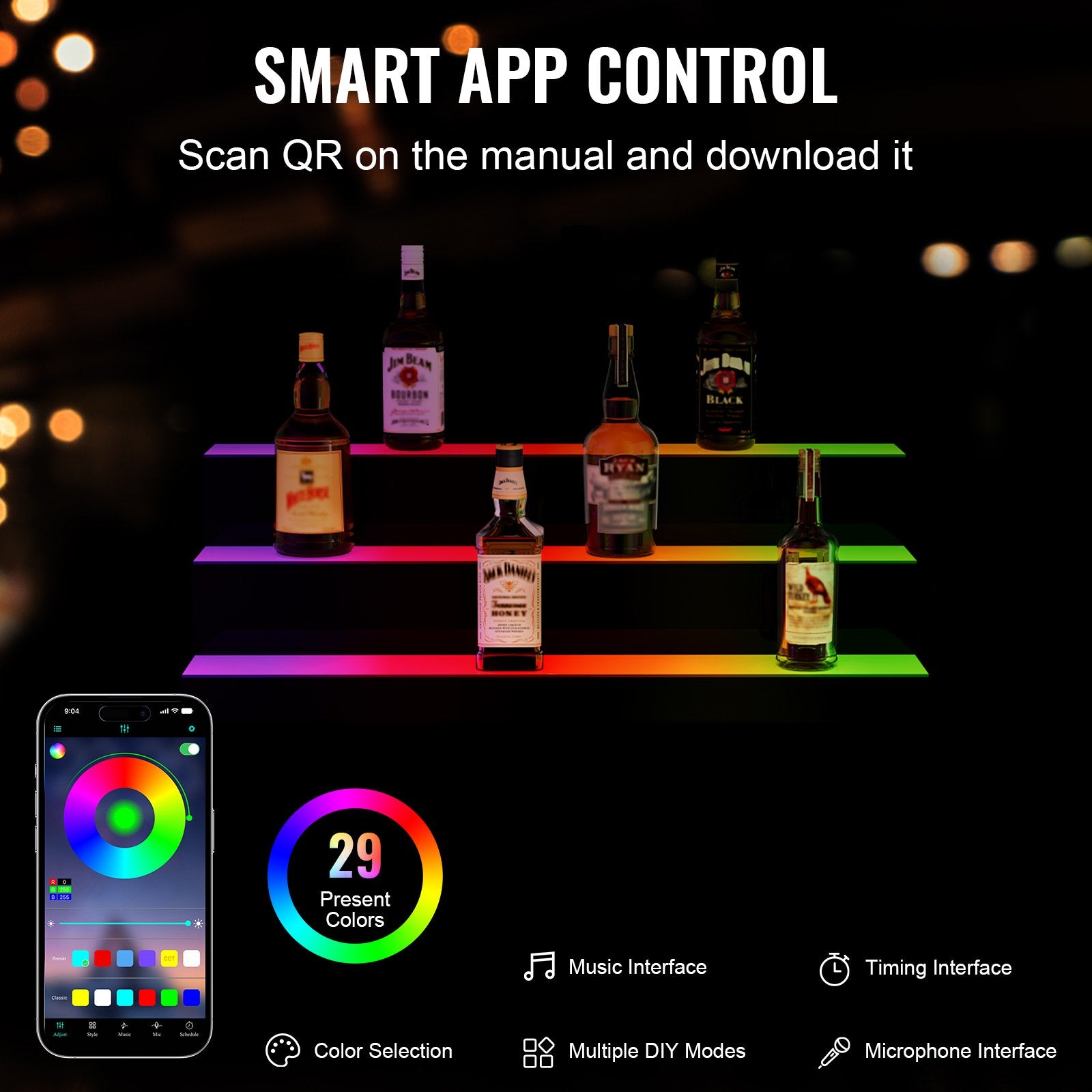 30-Inch LED Liquor Bottle Display Shelf - 3-Tier Acrylic Whiskey Rack with RF Remote, App Control, Multicolor Bar Lighting