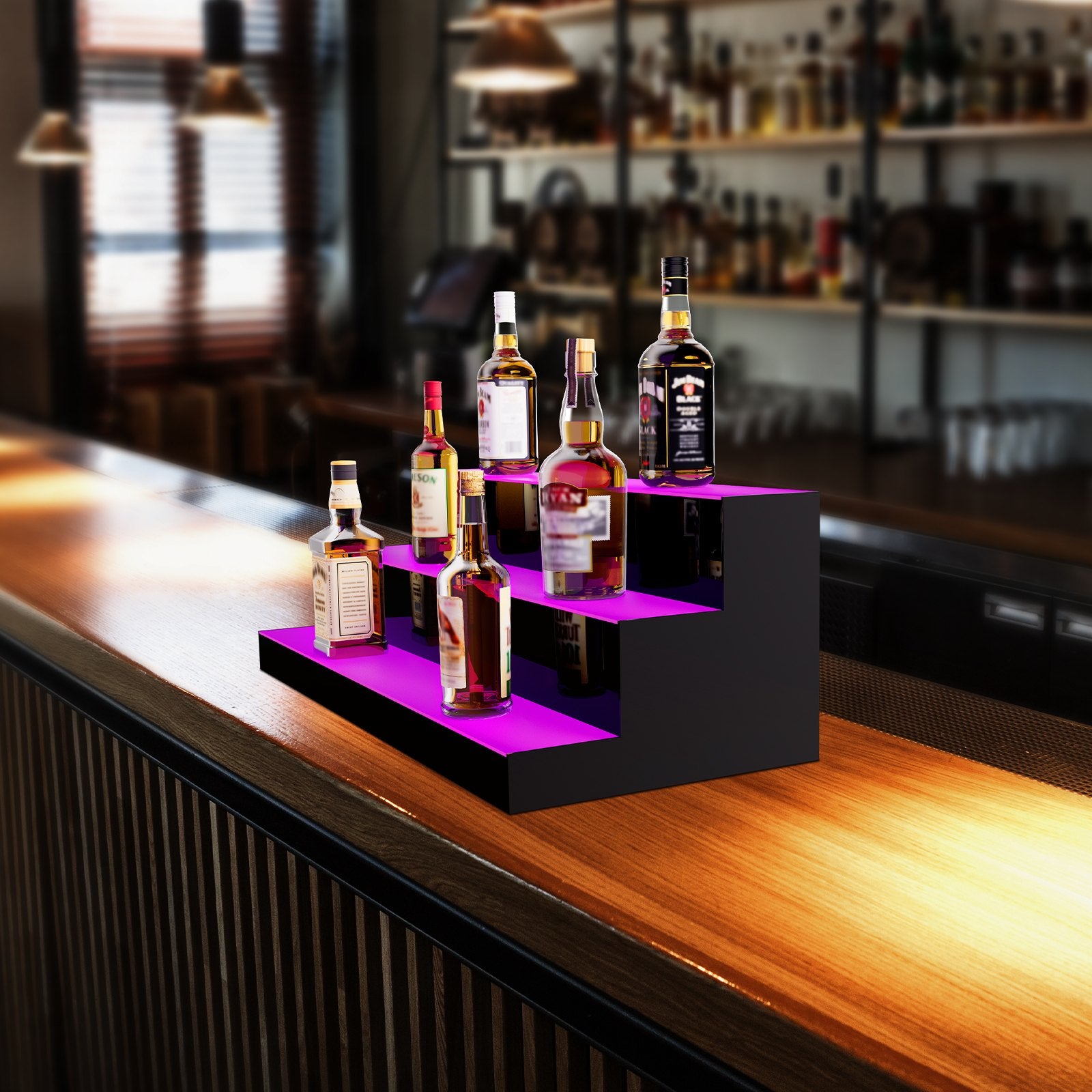 30-Inch LED Liquor Bottle Display Shelf - 3-Tier Acrylic Whiskey Rack with RF Remote, App Control, Multicolor Bar Lighting