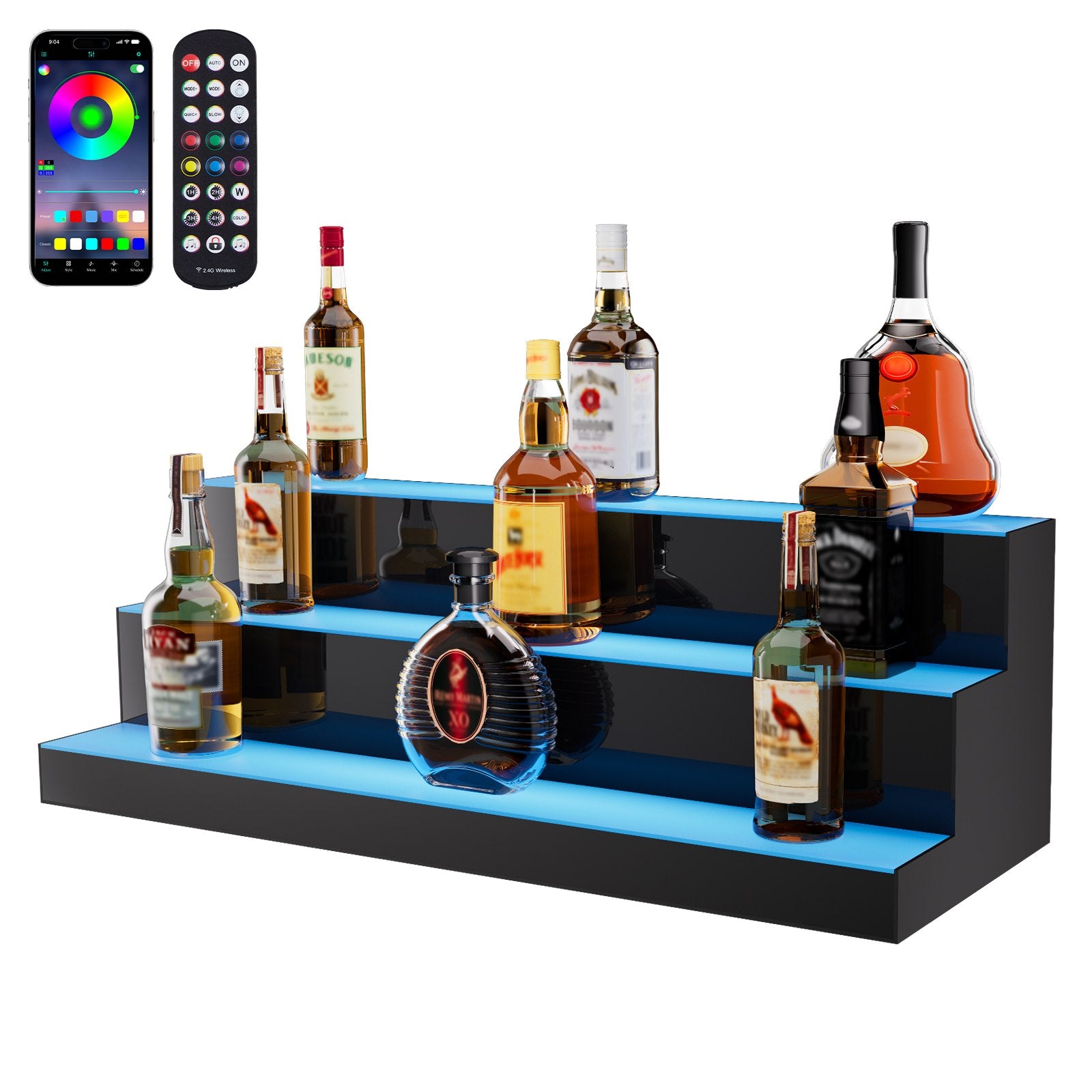 30-Inch LED Liquor Bottle Display Shelf - 3-Tier Acrylic Whiskey Rack with RF Remote, App Control, Multicolor Bar Lighting