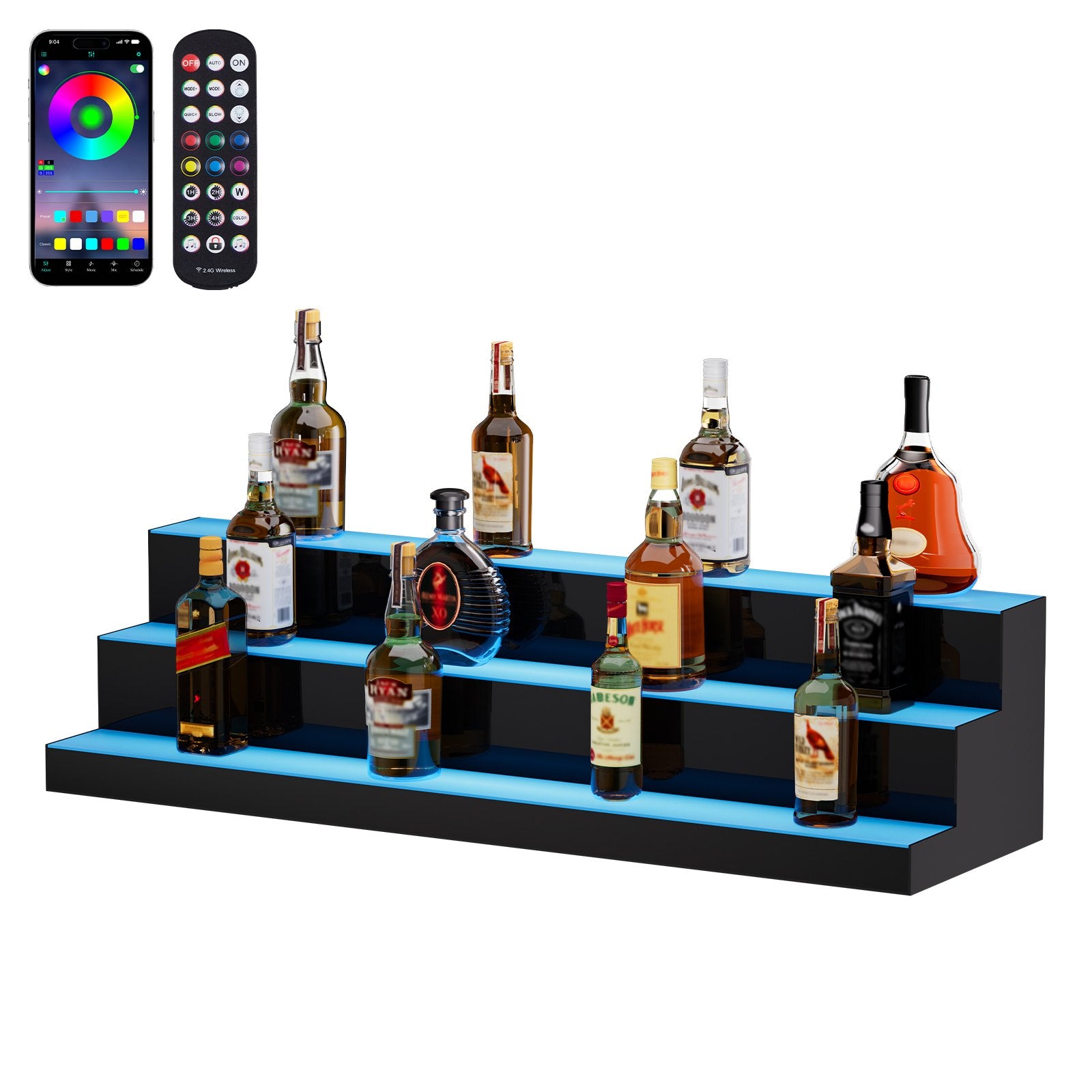 40-Inch LED Liquor Bottle Display Shelf - 3-Tier Acrylic Bar Rack with RF Remote, App Control & Multicolor Lighting for Home or Commercial Use
