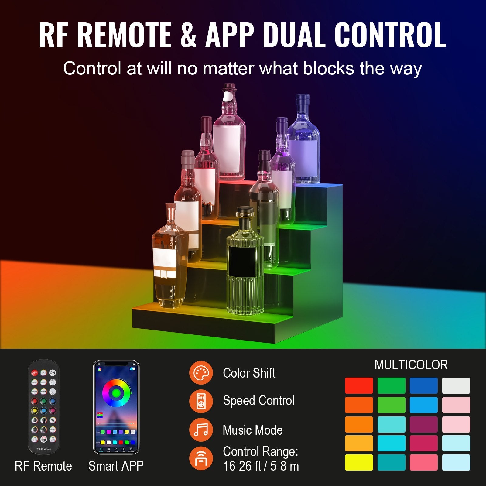 Illuminated 4-Tier LED Liquor Bottle Display Shelf, 16-Inch Acrylic Bar Rack with USB, RF Remote & App Control, 7 Colors, Fits 16 Bottles