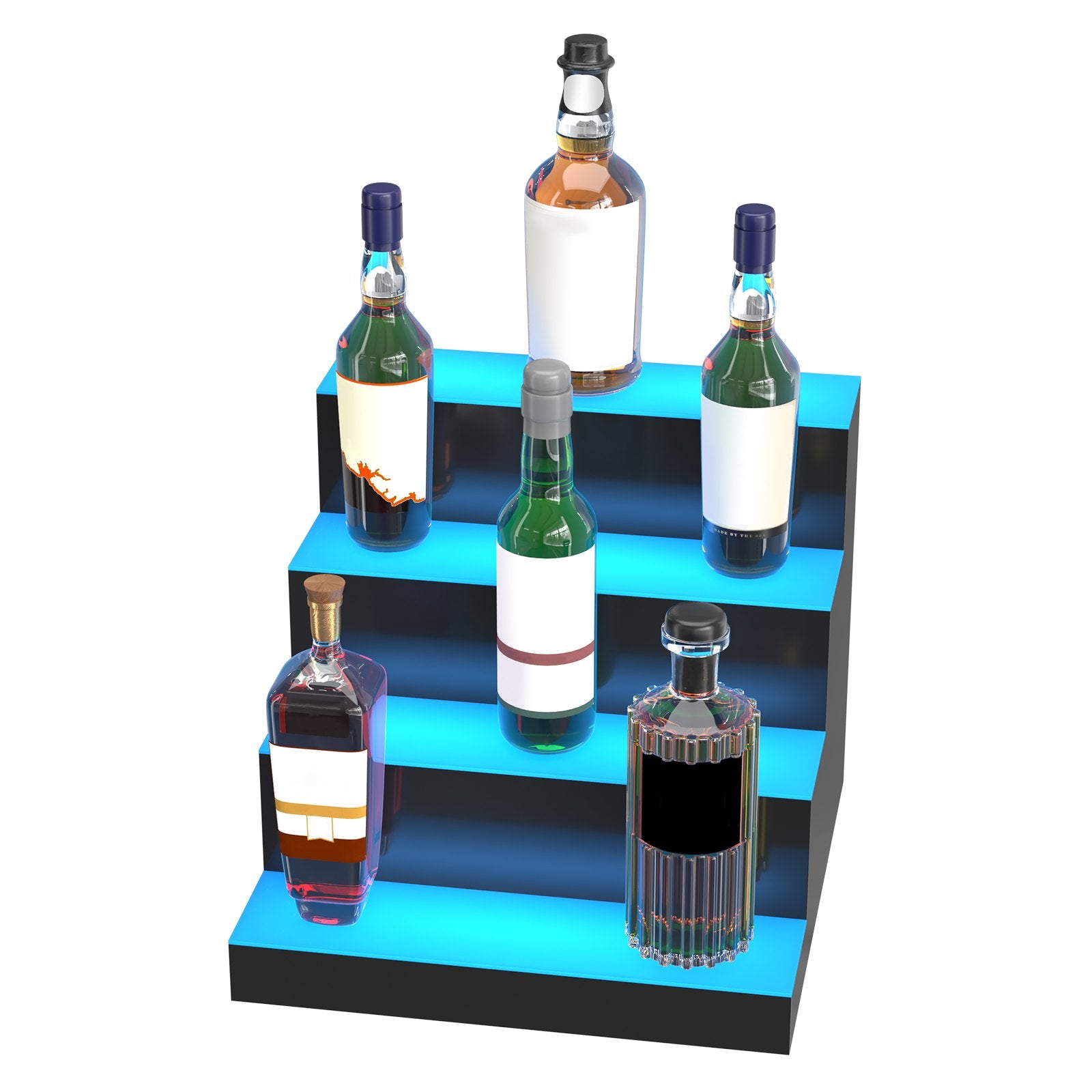 Illuminated 4-Tier LED Liquor Bottle Display Shelf, 16-Inch Acrylic Bar Rack with USB, RF Remote & App Control, 7 Colors, Fits 16 Bottles