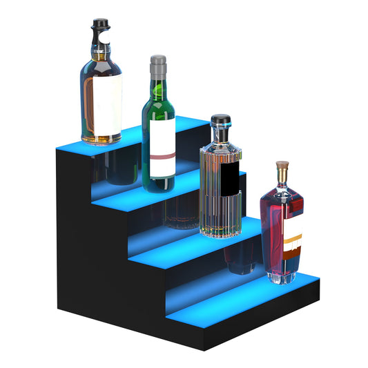 Illuminated 4-Tier LED Liquor Bottle Display Shelf, 16-Inch Acrylic Bar Rack with USB, RF Remote & App Control, 7 Colors, Fits 16 Bottles