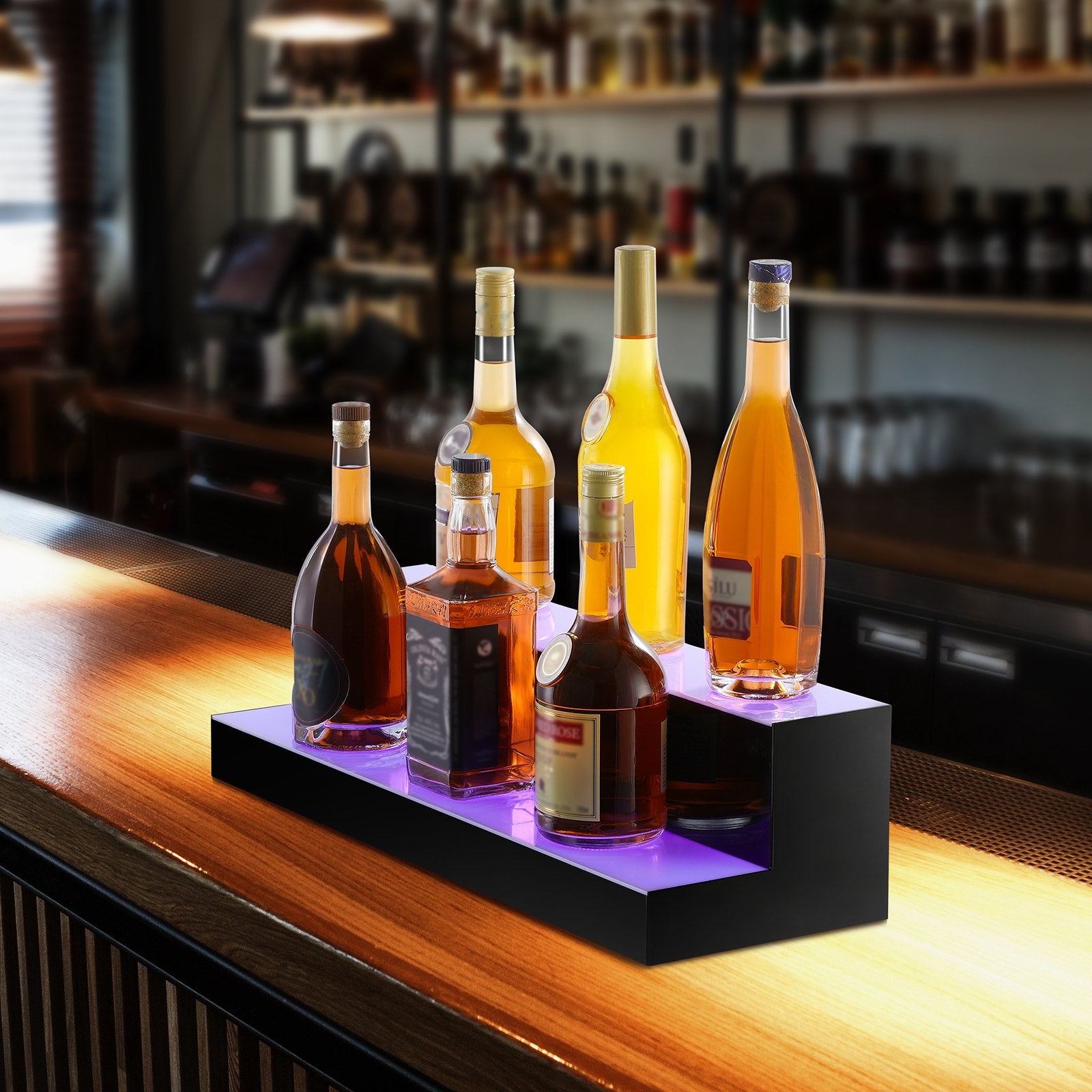 Illuminated LED Liquor Bottle Display Shelf, 2-Tier 24" Acrylic Bar Rack with Multicolor Lighting, RF Remote & App Control, Whiskey Stand for Home & Commercial Bars