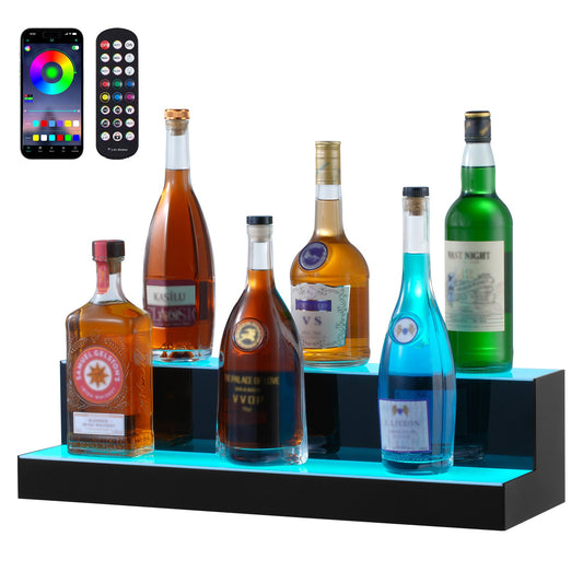 Illuminated LED Liquor Bottle Display Shelf, 2-Tier 24" Acrylic Bar Rack with Multicolor Lighting, RF Remote & App Control, Whiskey Stand for Home & Commercial Bars