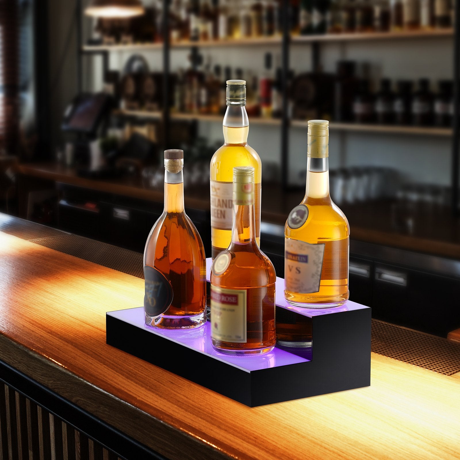 16-Inch LED Lighted Liquor Bottle Display, 2-Tier Home Bar Shelf with Multicolor Acrylic Design, Remote & App Control, Whiskey Rack Stand