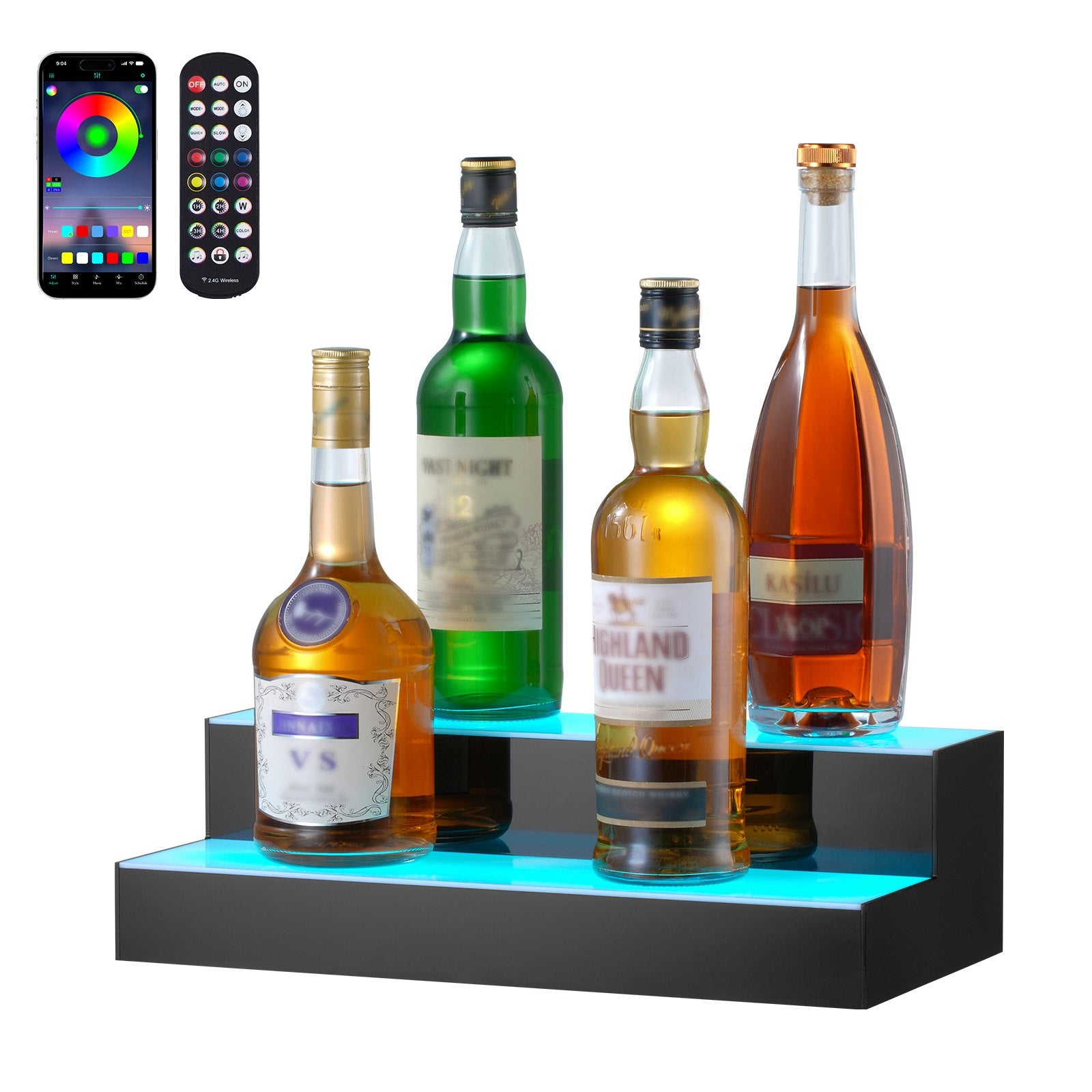 16-Inch LED Lighted Liquor Bottle Display, 2-Tier Home Bar Shelf with Multicolor Acrylic Design, Remote & App Control, Whiskey Rack Stand