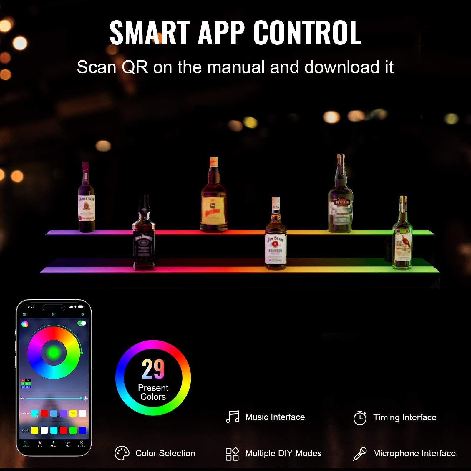 48-Inch LED Liquor Bottle Display Stand - 2-Tier Acrylic Bar Shelf with RF Remote & App Control, Multicolor Lighting for Home & Commercial Use