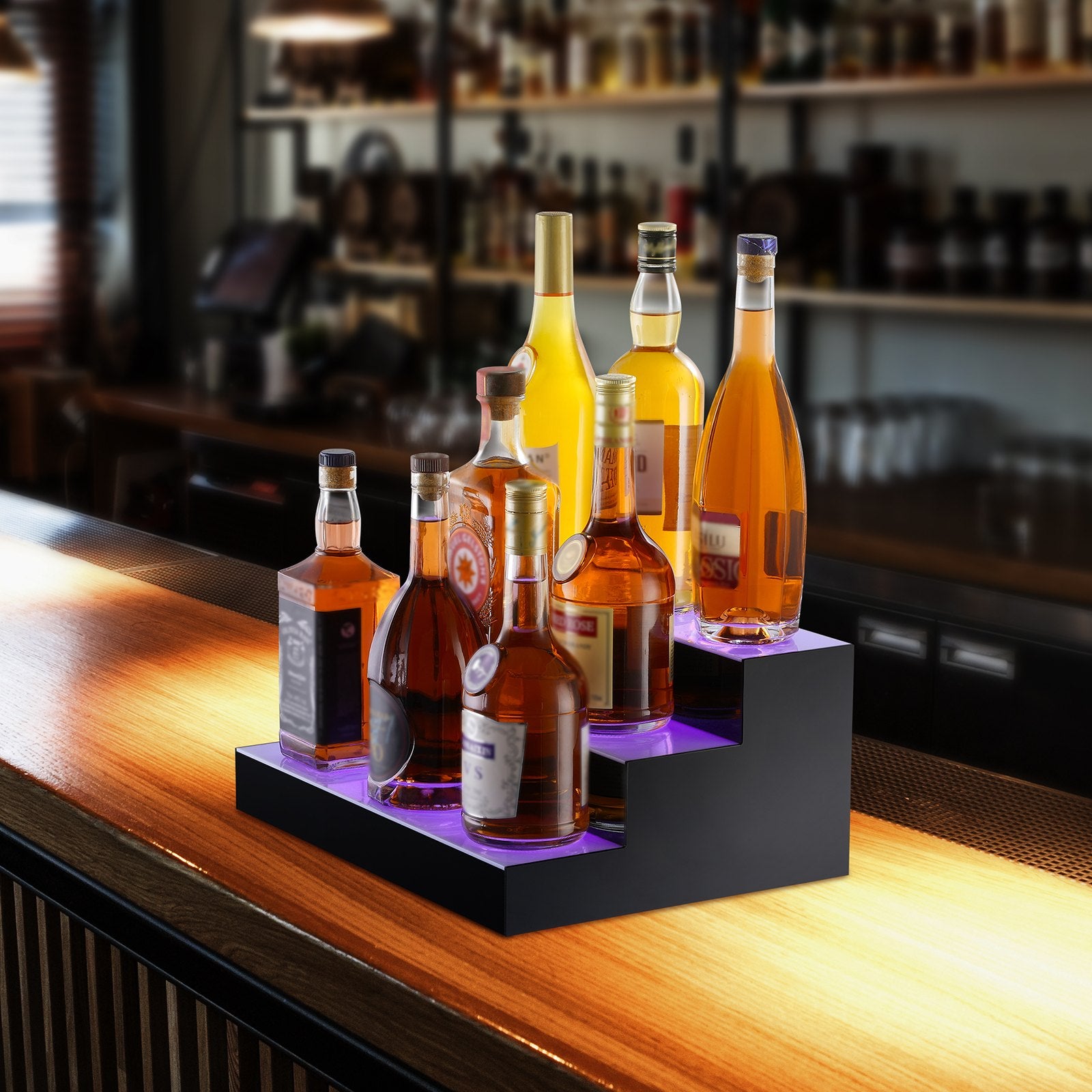 Three-Tier LED Liquor Bottle Display Shelf with Multicolor Lighting, Remote & App Control, 16-Inch Acrylic Home Bar Rack Stand