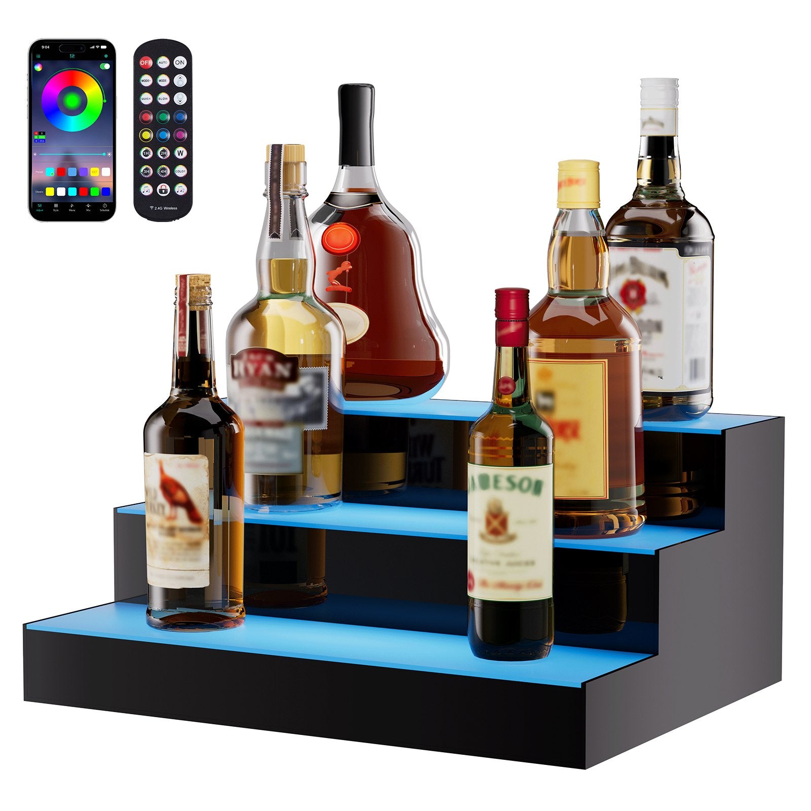 Three-Tier LED Liquor Bottle Display Shelf with Multicolor Lighting, Remote & App Control, 16-Inch Acrylic Home Bar Rack Stand