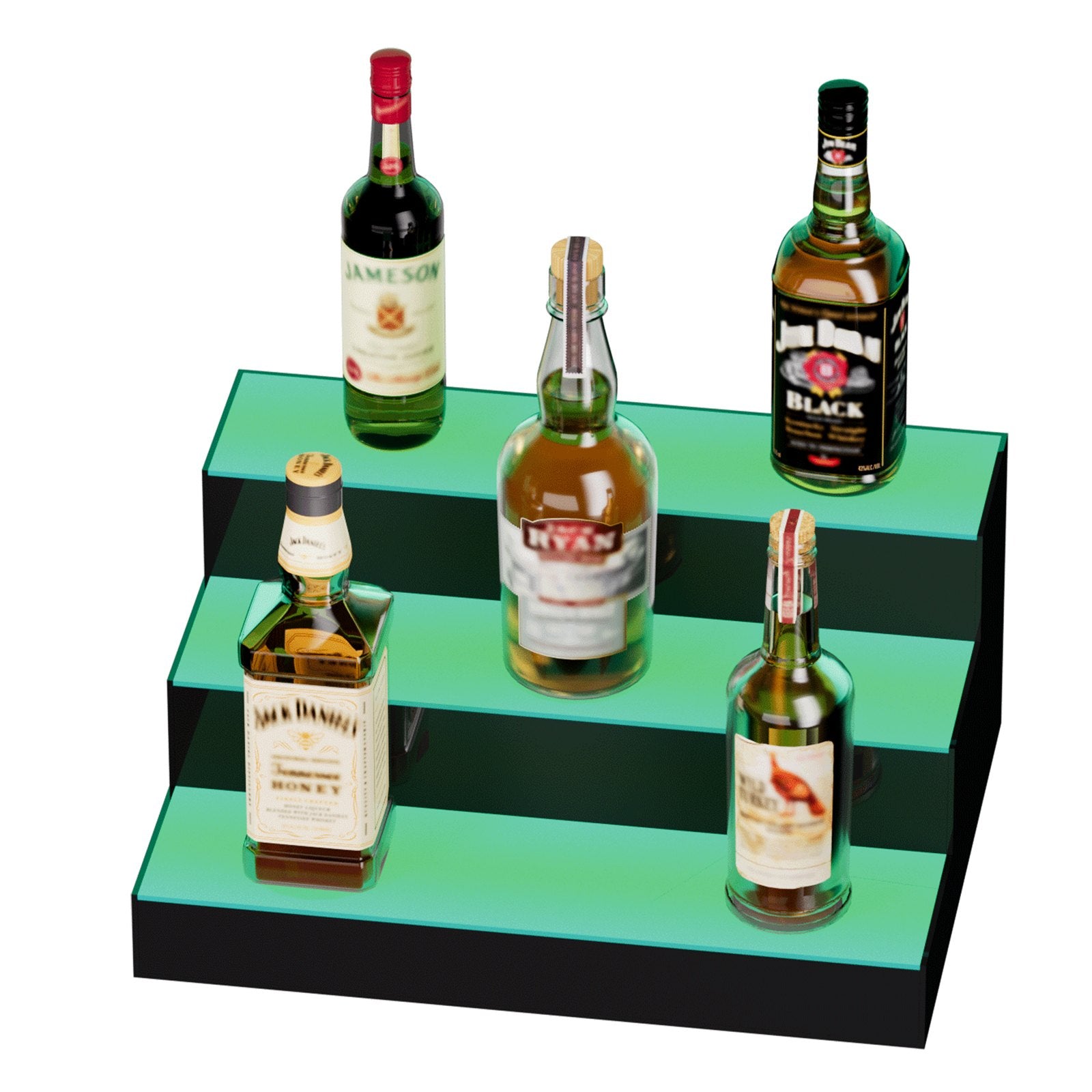 Three-Tier LED Liquor Bottle Display Shelf with Multicolor Lighting, Remote & App Control, 16-Inch Acrylic Home Bar Rack Stand