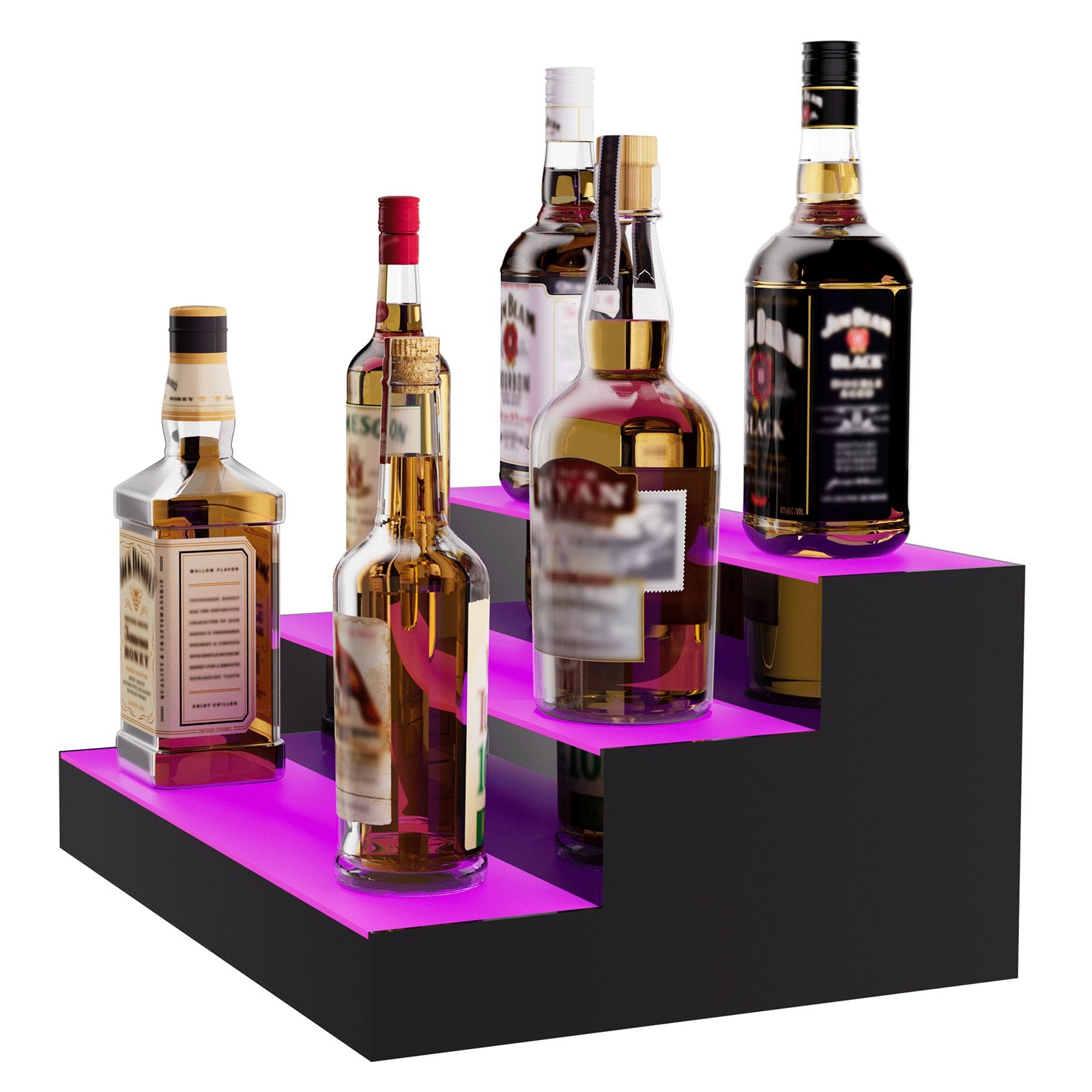 Three-Tier LED Liquor Bottle Display Shelf with Multicolor Lighting, Remote & App Control, 16-Inch Acrylic Home Bar Rack Stand