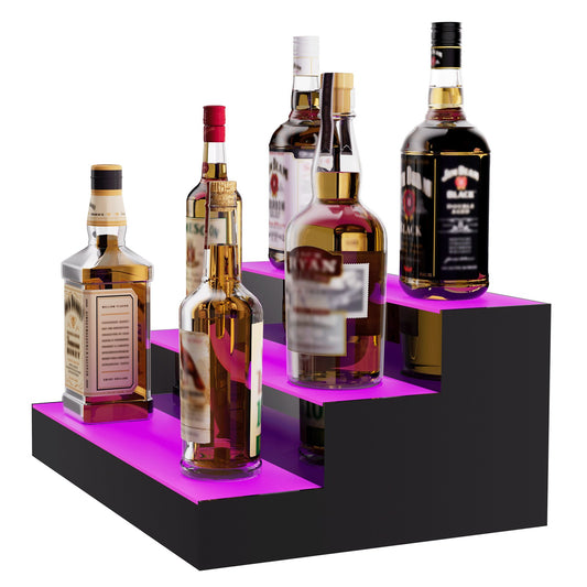 Three-Tier LED Liquor Bottle Display Shelf with Multicolor Lighting, Remote & App Control, 16-Inch Acrylic Home Bar Rack Stand