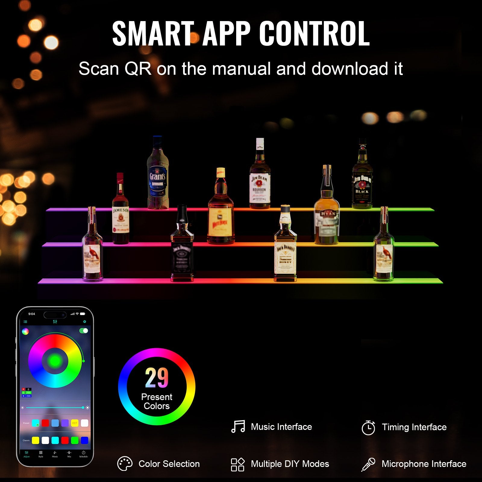48-Inch LED Liquor Bottle Display Shelf - 3-Tier Illuminated Acrylic Bar Rack with Multicolor Lighting, RF Remote & App Control for Home Bars