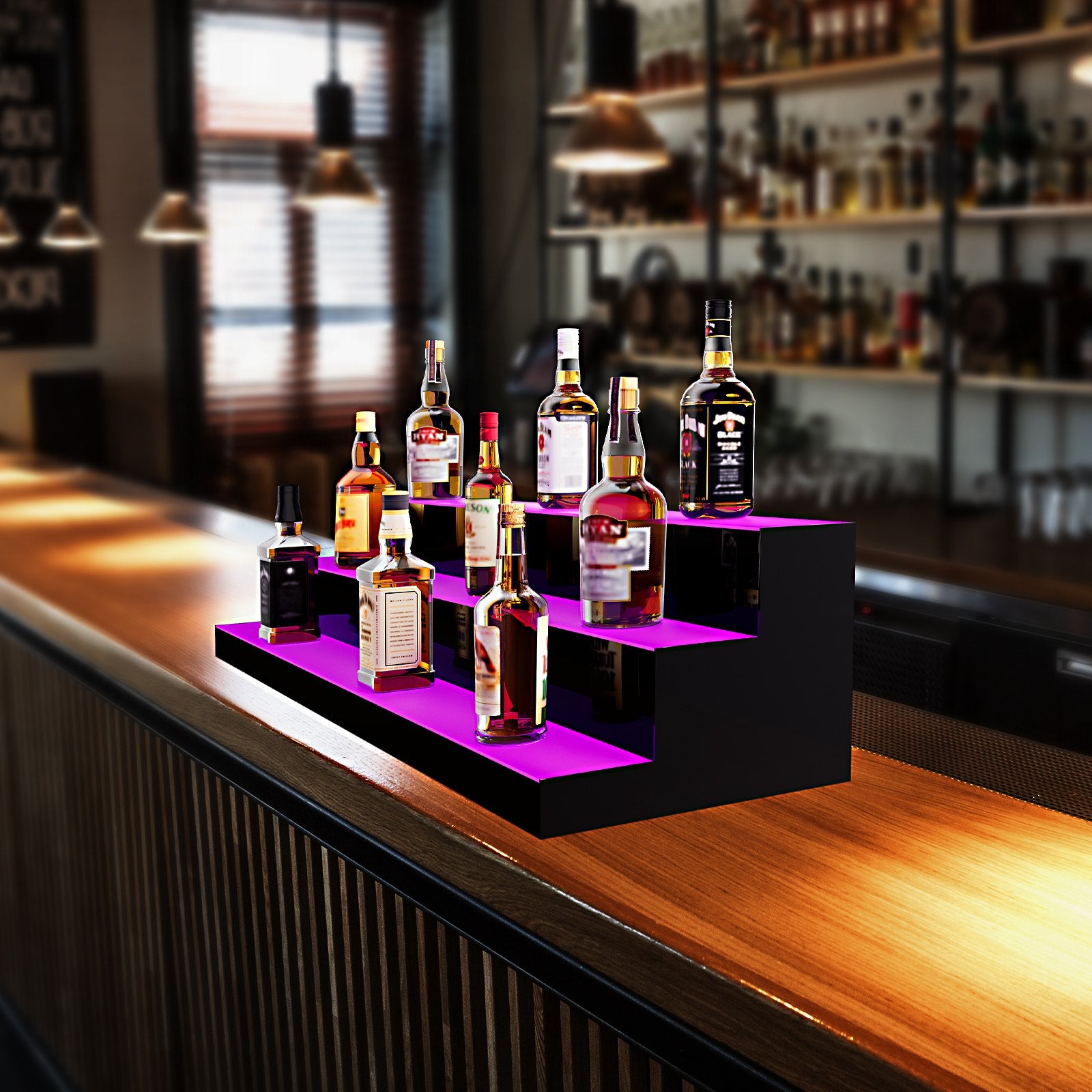 48-Inch LED Liquor Bottle Display Shelf - 3-Tier Illuminated Acrylic Bar Rack with Multicolor Lighting, RF Remote & App Control for Home Bars