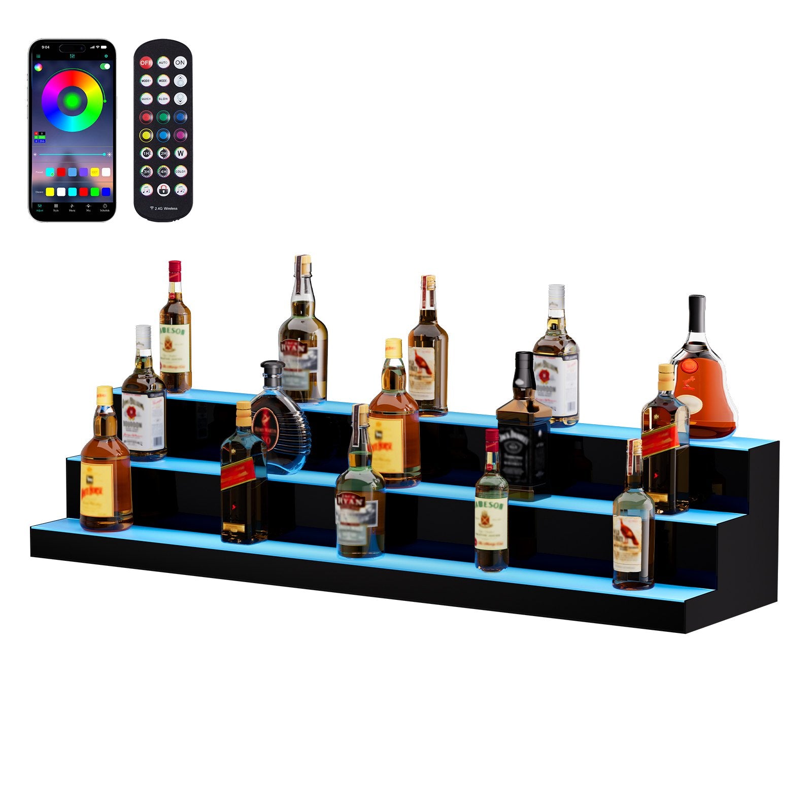 48-Inch LED Liquor Bottle Display Shelf - 3-Tier Illuminated Acrylic Bar Rack with Multicolor Lighting, RF Remote & App Control for Home Bars