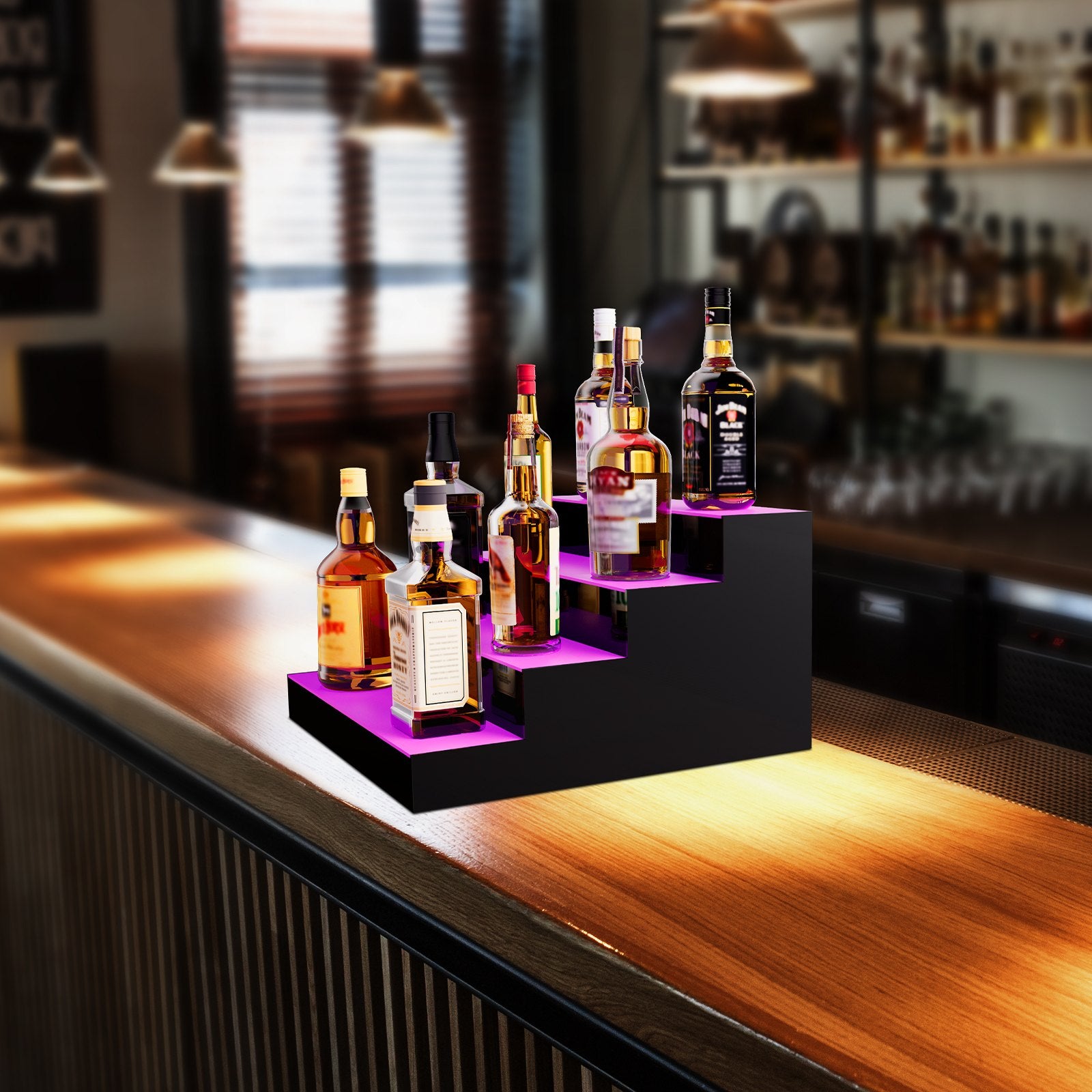 4-Tier LED Liquor Bottle Display with App & RF Remote Control, 16" Illuminated Bar Shelf, Multicolor Acrylic Whiskey Rack Stand