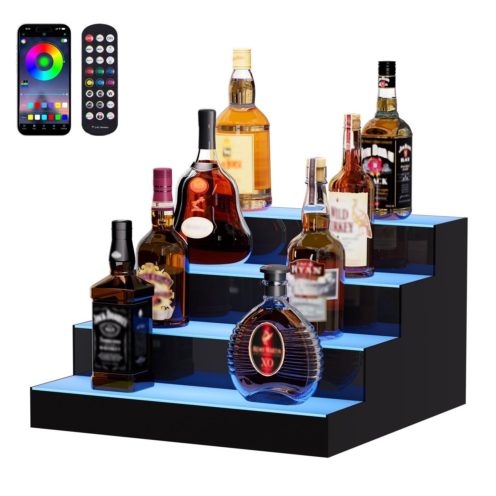 4-Tier LED Liquor Bottle Display with App & RF Remote Control, 16" Illuminated Bar Shelf, Multicolor Acrylic Whiskey Rack Stand