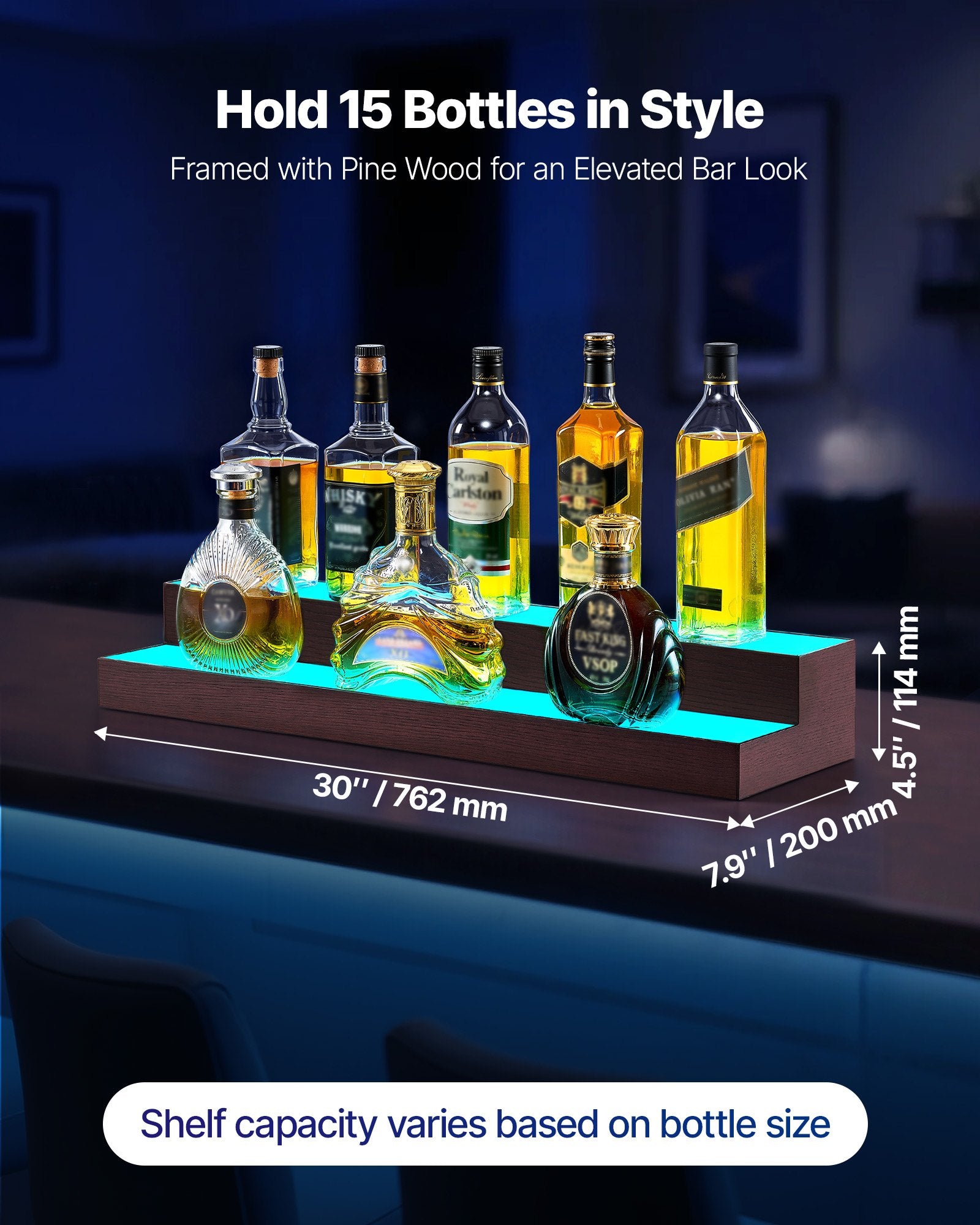 Illuminate Your Home Bar with a 2-Tier LED Liquor Display - 30-Inch USB-Powered Whiskey Rack, RF Remote & App Control, 7 Colors, Acrylic & Wood Shelf