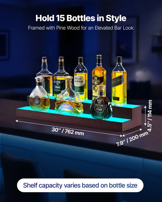Illuminate Your Home Bar with a 2-Tier LED Liquor Display - 30-Inch USB-Powered Whiskey Rack, RF Remote & App Control, 7 Colors, Acrylic & Wood Shelf
