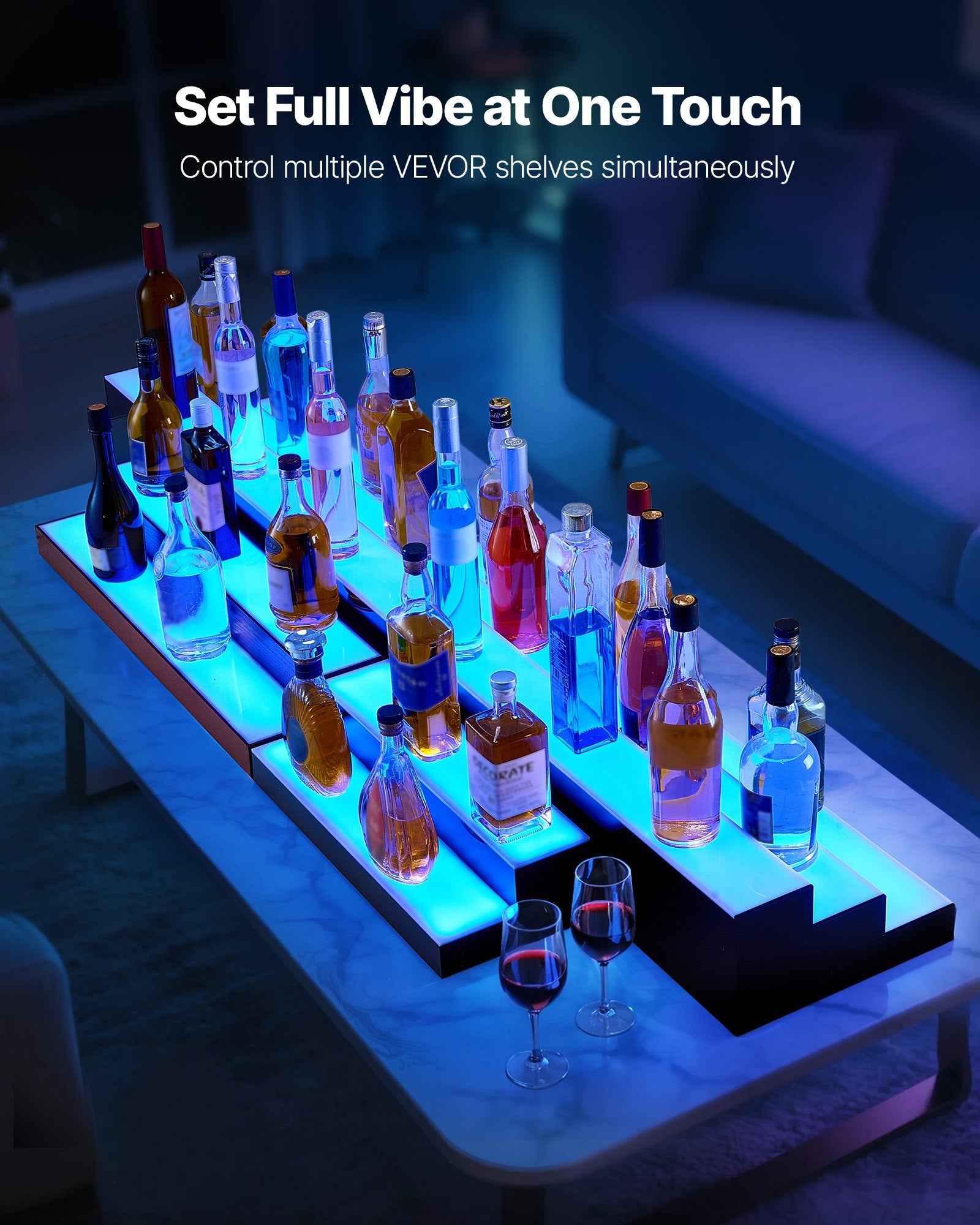 Illuminate Your Home Bar with a 2-Tier LED Liquor Display - 30-Inch USB-Powered Whiskey Rack, RF Remote & App Control, 7 Colors, Acrylic & Wood Shelf