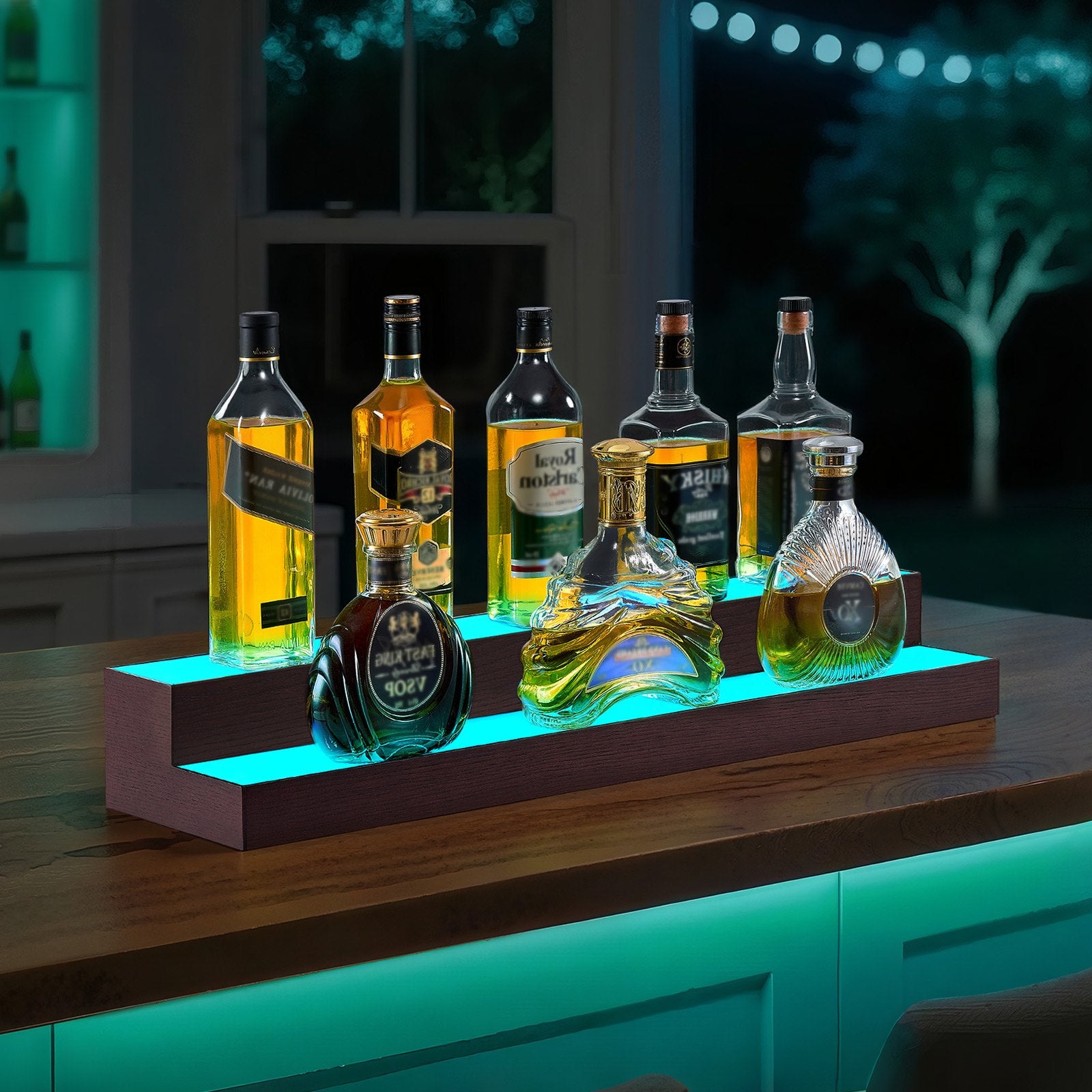 Illuminate Your Home Bar with a 2-Tier LED Liquor Display - 30-Inch USB-Powered Whiskey Rack, RF Remote & App Control, 7 Colors, Acrylic & Wood Shelf
