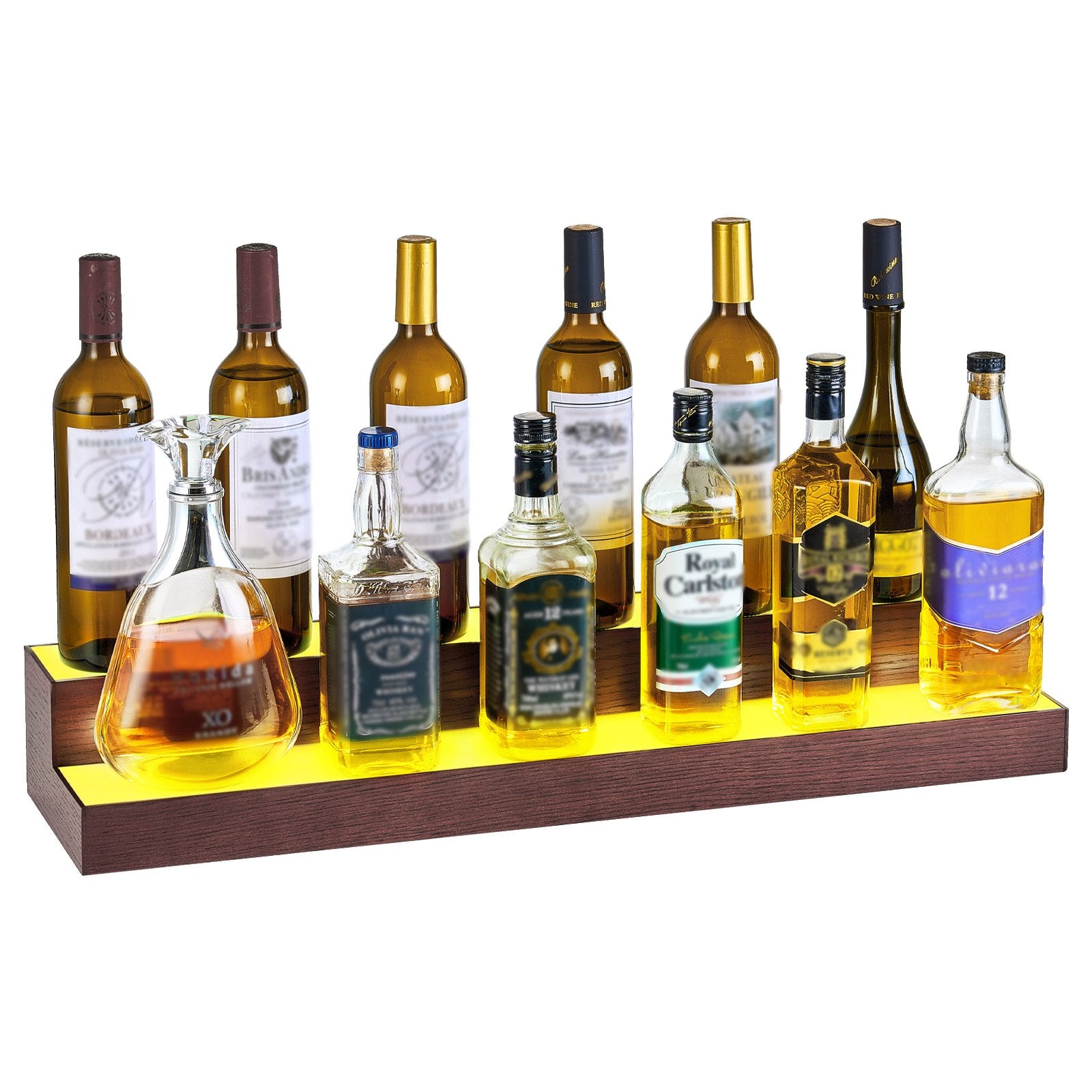 Illuminate Your Home Bar with a 2-Tier LED Liquor Display - 30-Inch USB-Powered Whiskey Rack, RF Remote & App Control, 7 Colors, Acrylic & Wood Shelf