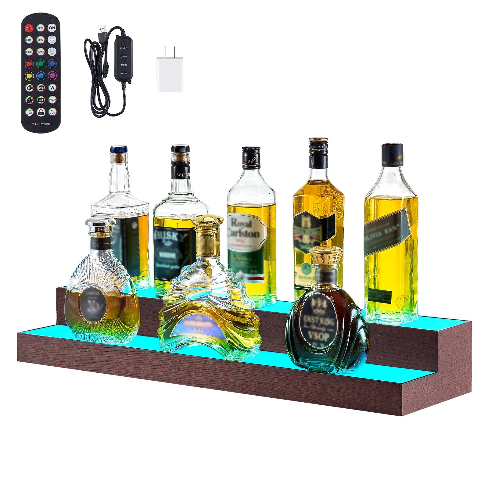 Illuminate Your Home Bar with a 2-Tier LED Liquor Display - 30-Inch USB-Powered Whiskey Rack, RF Remote & App Control, 7 Colors, Acrylic & Wood Shelf