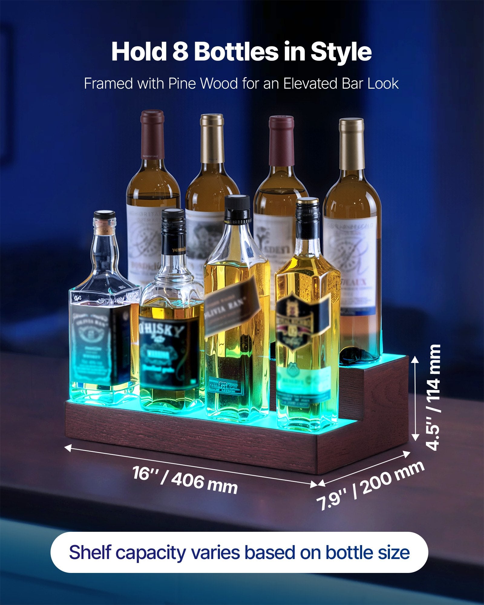 2-Tier LED Liquor Display Shelf, 16" Whiskey Rack with USB, RF Remote & App Control, 7 Colors, Acrylic & Wood for Home Bar, Holds 8 Bottles