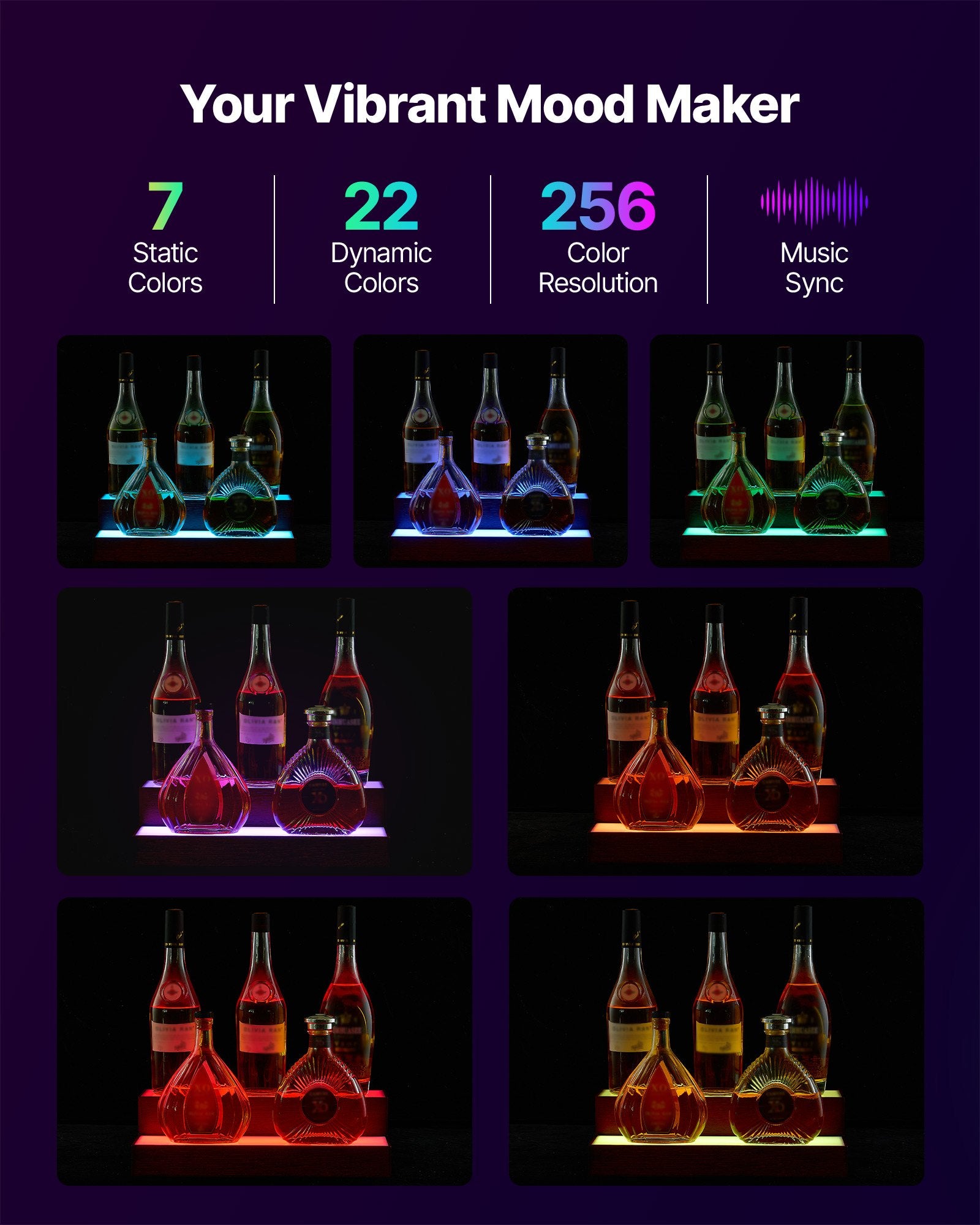 2-Tier LED Liquor Display Shelf, 16" Whiskey Rack with USB, RF Remote & App Control, 7 Colors, Acrylic & Wood for Home Bar, Holds 8 Bottles
