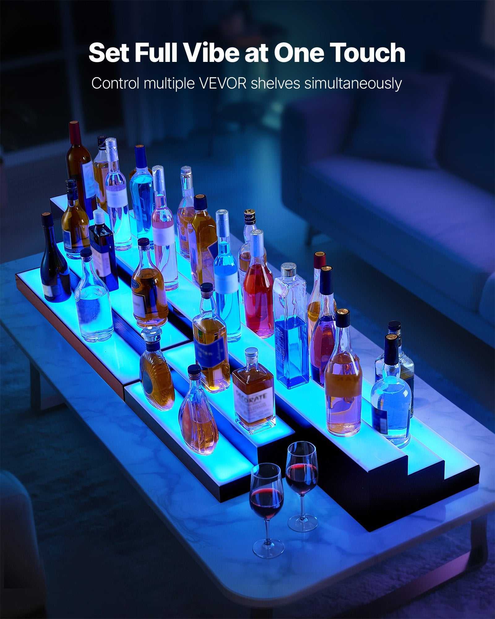 2-Tier LED Liquor Display Shelf, 16" Whiskey Rack with USB, RF Remote & App Control, 7 Colors, Acrylic & Wood for Home Bar, Holds 8 Bottles