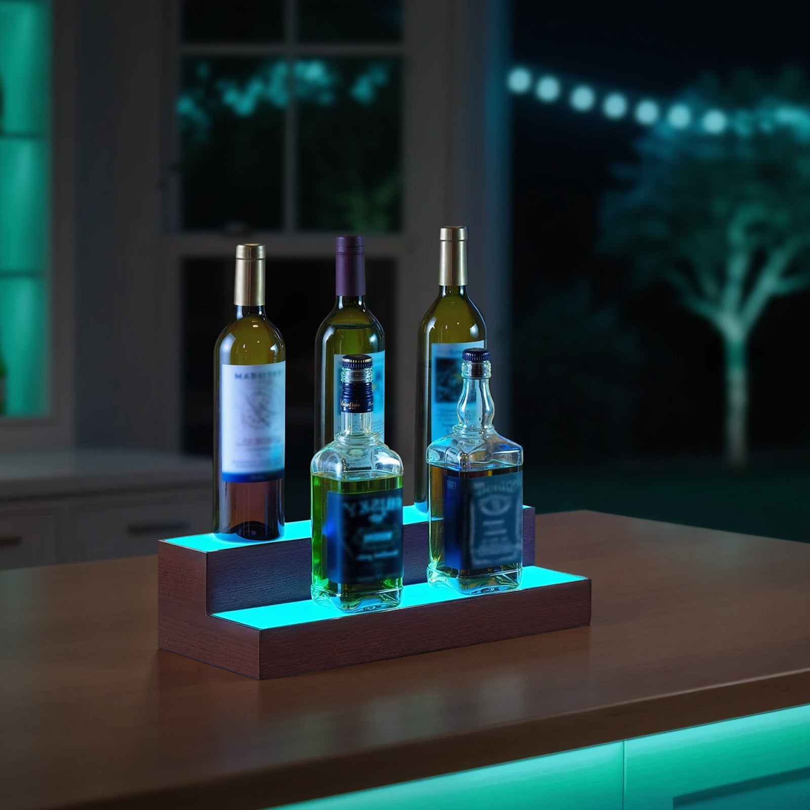 2-Tier LED Liquor Display Shelf, 16" Whiskey Rack with USB, RF Remote & App Control, 7 Colors, Acrylic & Wood for Home Bar, Holds 8 Bottles