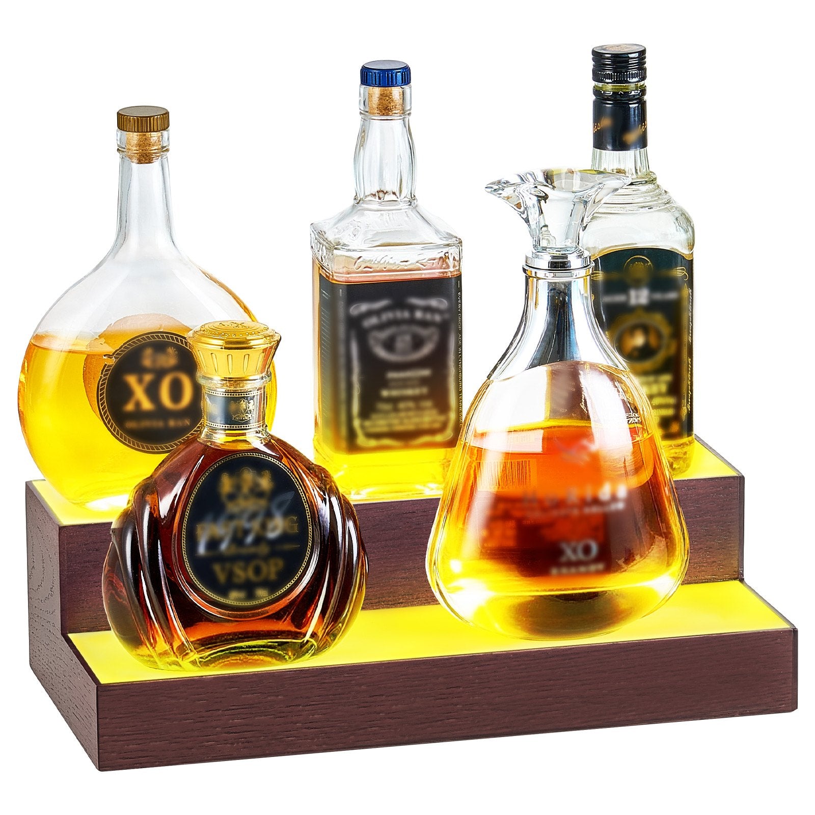 2-Tier LED Liquor Display Shelf, 16" Whiskey Rack with USB, RF Remote & App Control, 7 Colors, Acrylic & Wood for Home Bar, Holds 8 Bottles