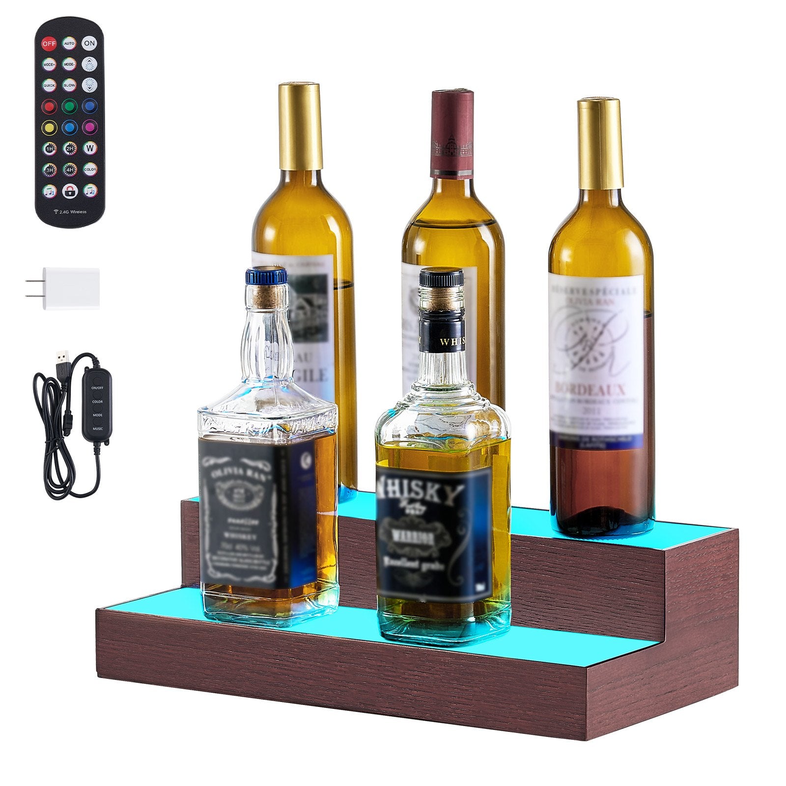 2-Tier LED Liquor Display Shelf, 16" Whiskey Rack with USB, RF Remote & App Control, 7 Colors, Acrylic & Wood for Home Bar, Holds 8 Bottles