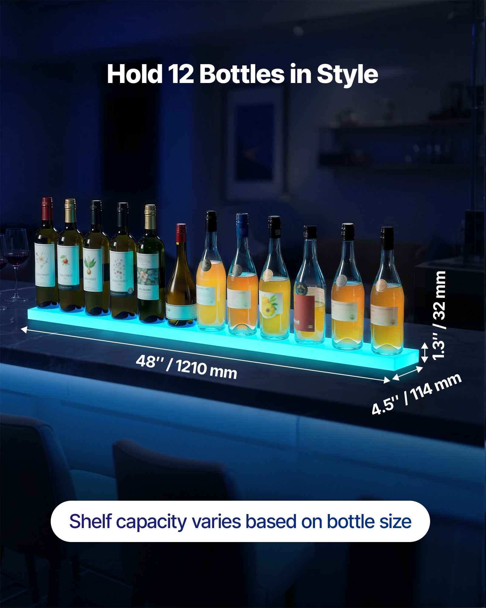 48-Inch LED Lighted Liquor Display Shelf, 1-Tier Whiskey Rack for Home Bars, USB Powered with RF Remote & App Control, 7 Colors, Holds 12 Bottles