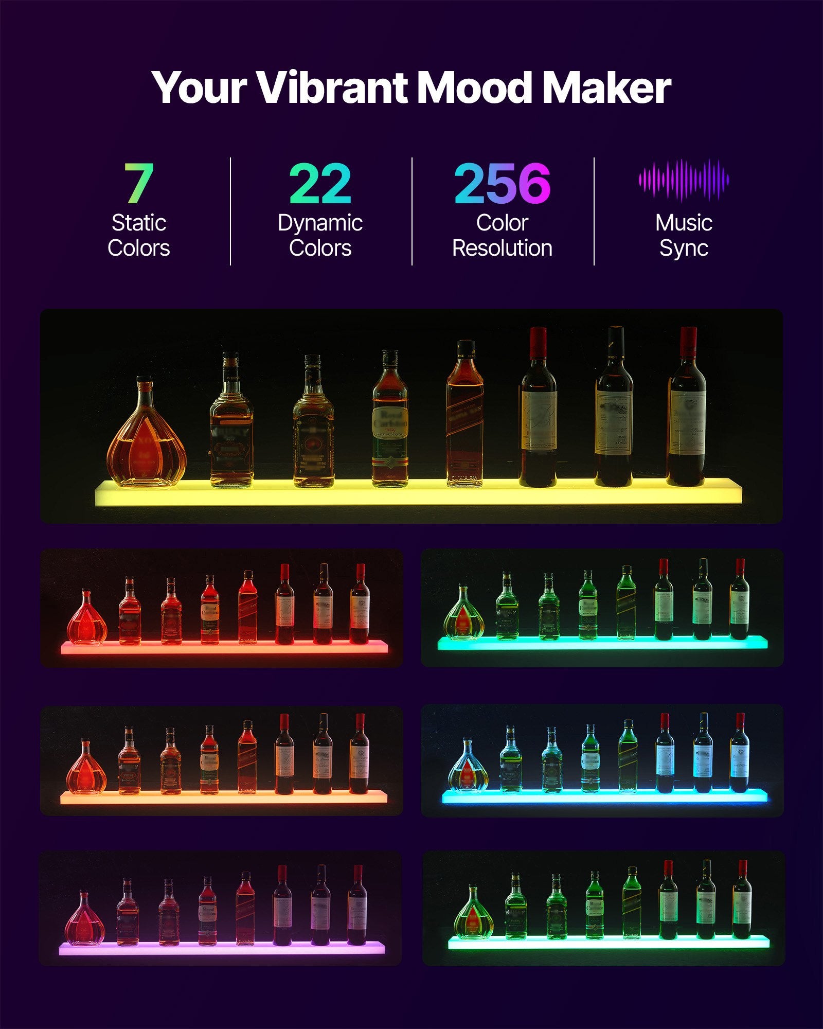 48-Inch LED Lighted Liquor Display Shelf, 1-Tier Whiskey Rack for Home Bars, USB Powered with RF Remote & App Control, 7 Colors, Holds 12 Bottles