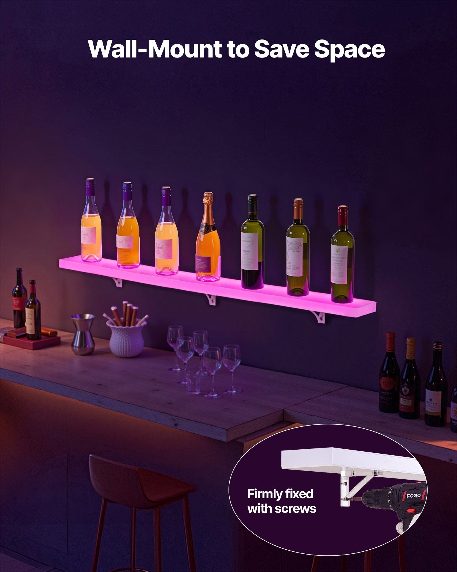 48-Inch LED Lighted Liquor Display Shelf, 1-Tier Whiskey Rack for Home Bars, USB Powered with RF Remote & App Control, 7 Colors, Holds 12 Bottles